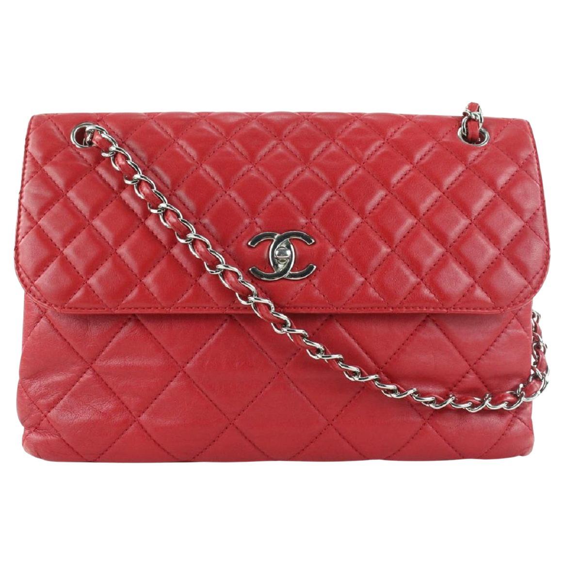 Chanel Red Quilted Lambskin Jumbo Flap Silver Chain Bag 413cas528