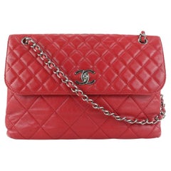 Vintage Chanel Red Quilted Lambskin Jumbo Flap Silver Chain Bag 413cas528