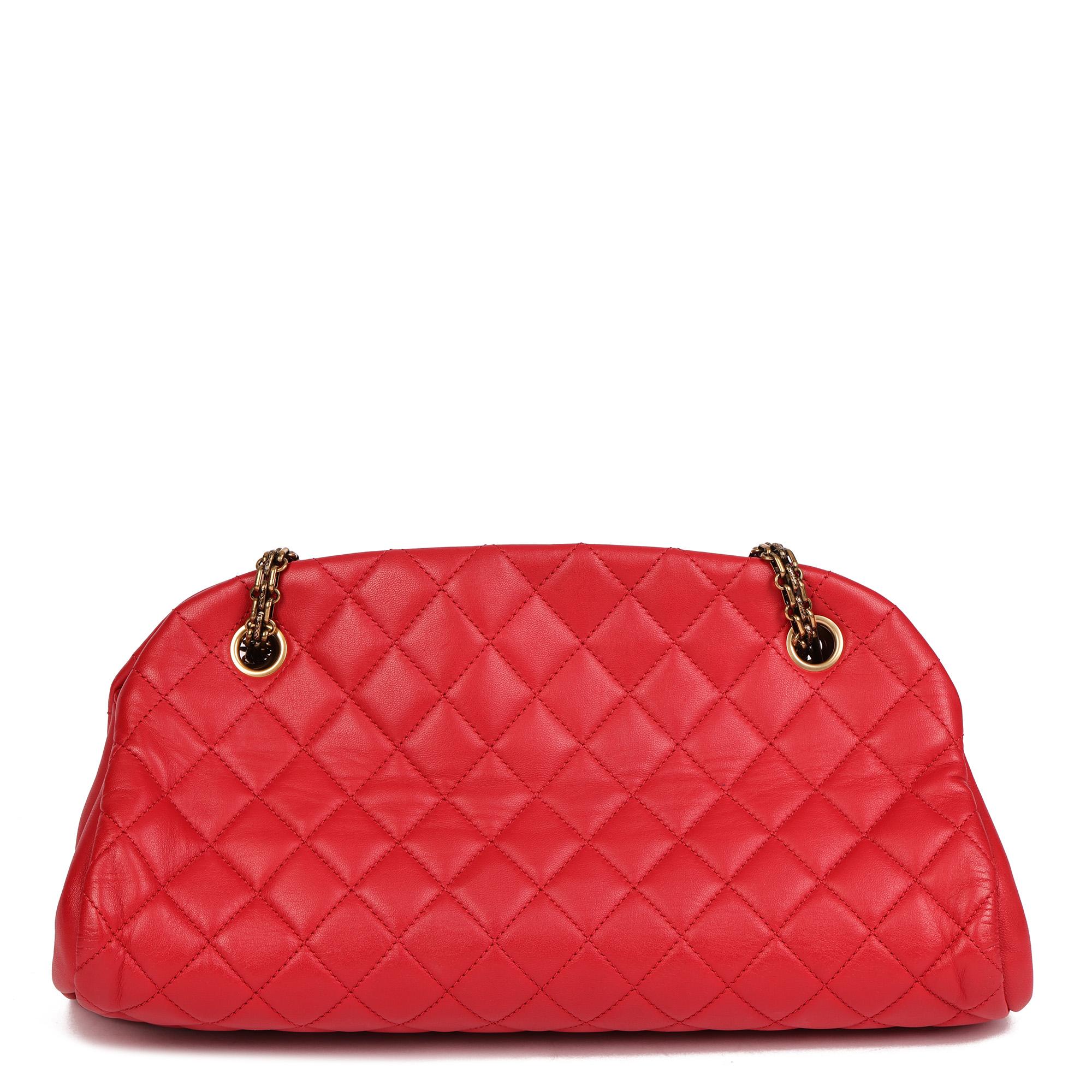 CHANEL Red Quilted Lambskin Just Mademoiselle Bowling Bag In Excellent Condition In Bishop's Stortford, Hertfordshire