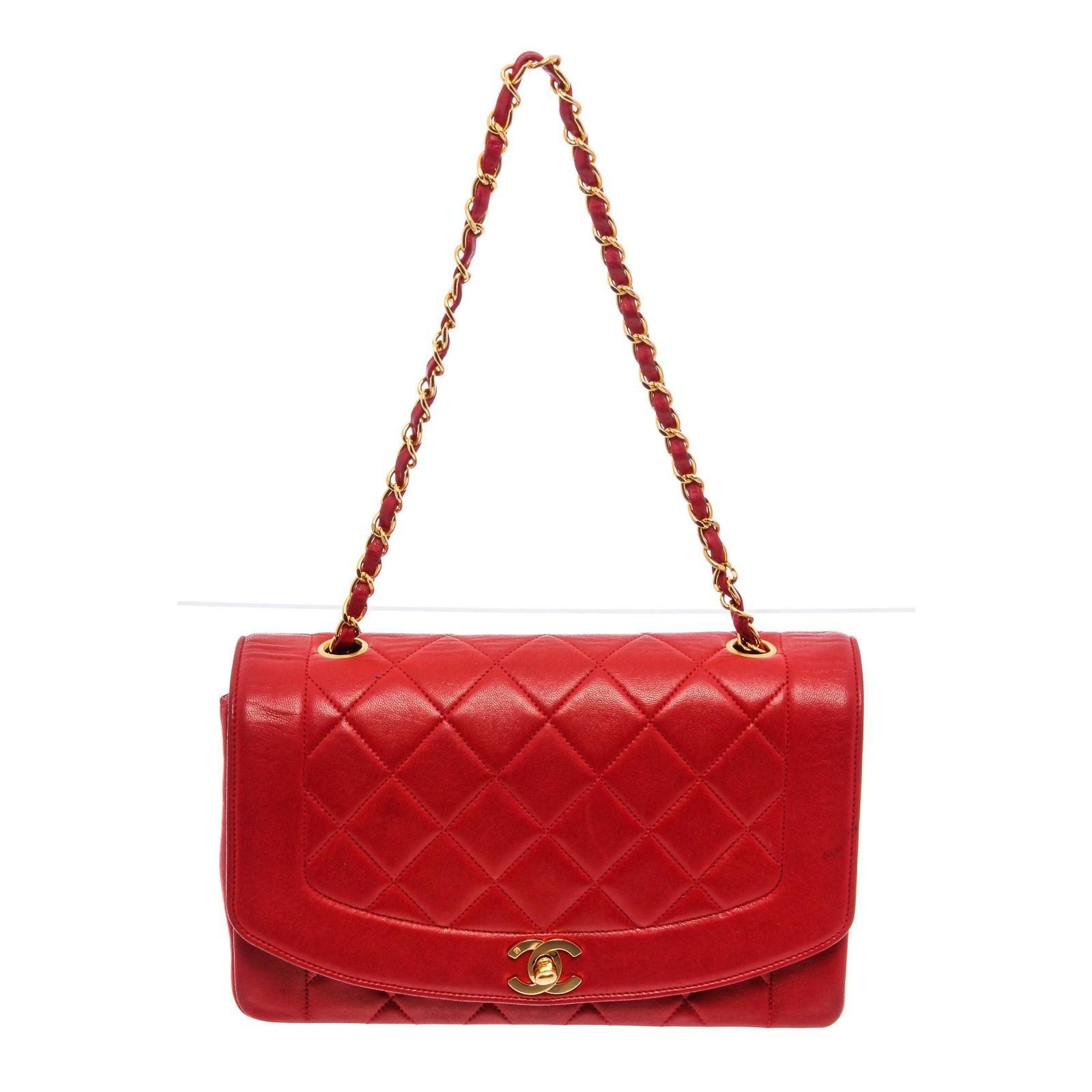 Red quilted lambskin leather Chanel Diana Flap Bag with gold-tone hardware, dual chain-link shoulder strap, red leather lining, dual pockets at interior wall; one with zip closure and CC turn-lock closure at front flap. 19993MSC.