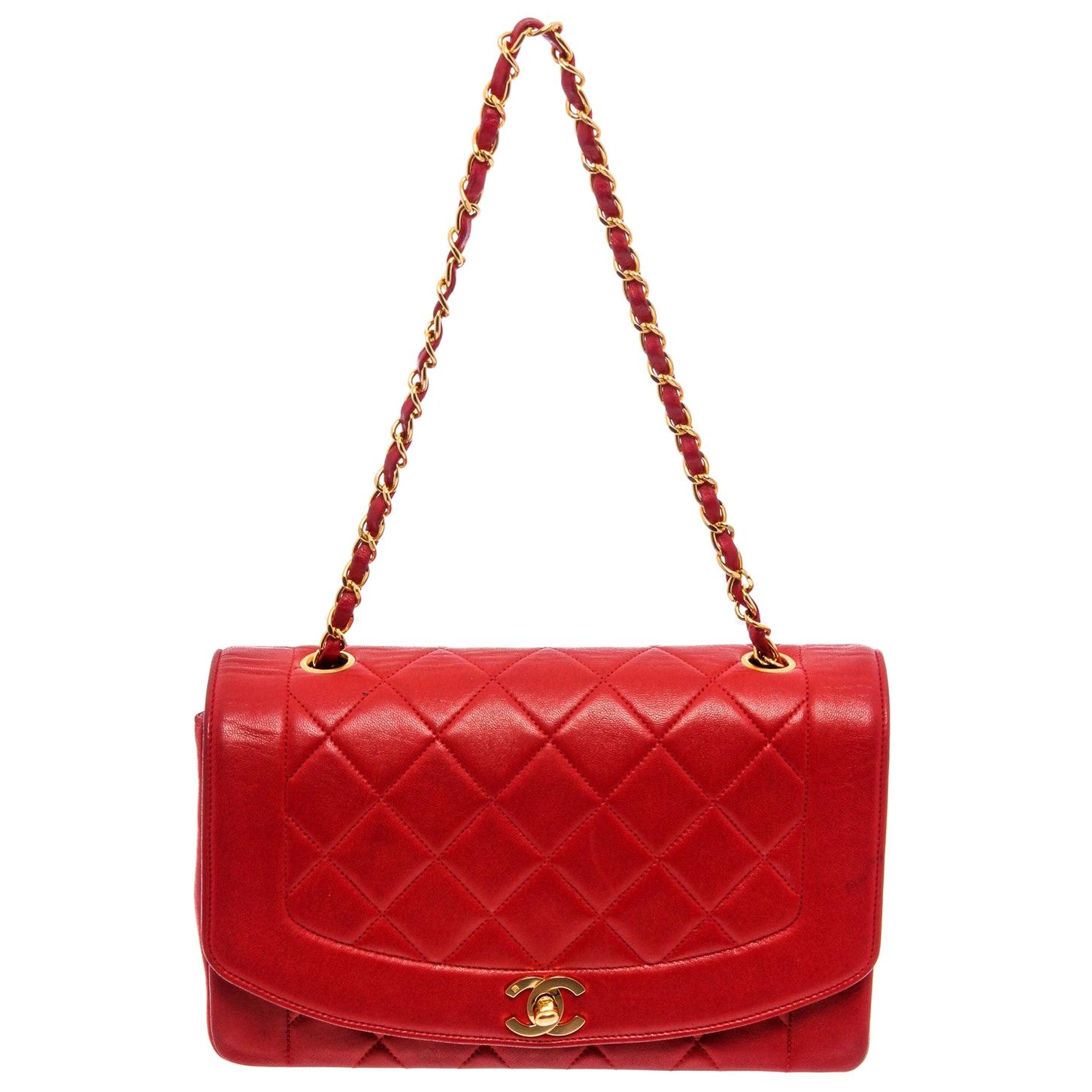 Chanel Red Quilted Lambskin Leather Diana Flap Shoulder Bag