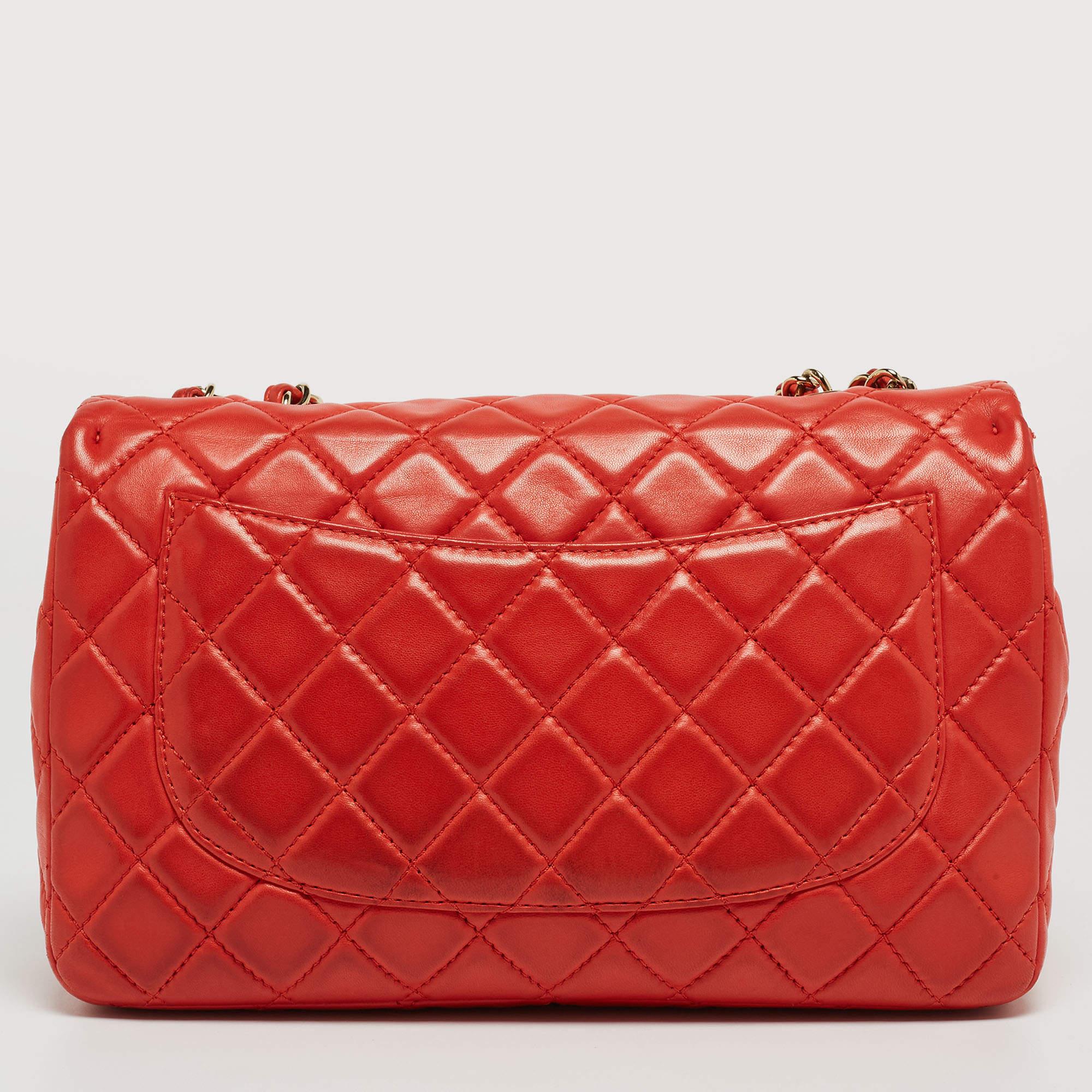 Chanel Red Quilted Lambskin Leather Jumbo Classic Single Flap Bag For Sale 8