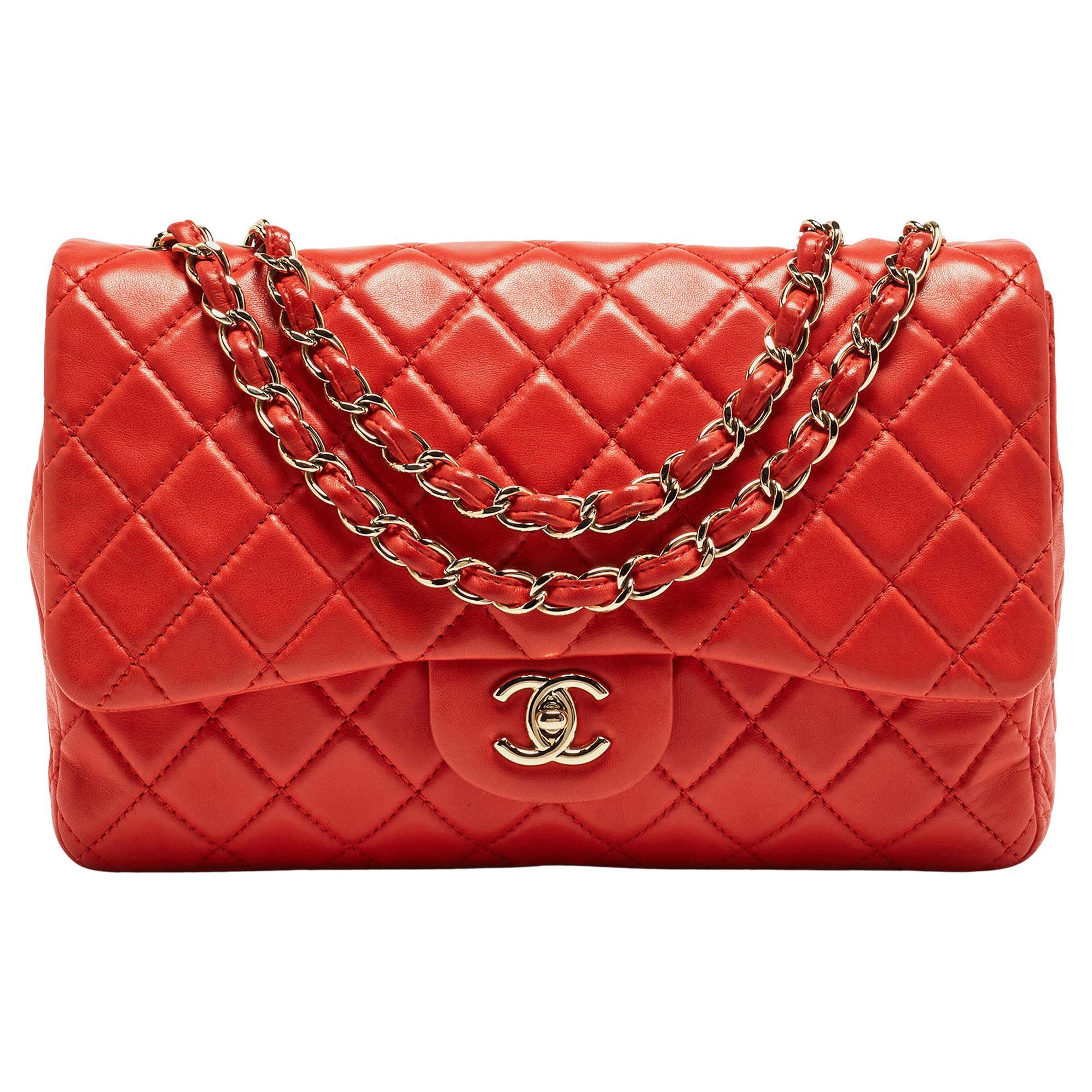 Chanel Red Quilted Lambskin Leather Jumbo Classic Single Flap Bag For Sale