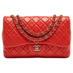 Chanel Red Quilted Lambskin Leather Jumbo Classic Single Flap Bag