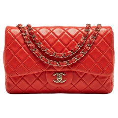 Chanel Red Quilted Lambskin Leather Jumbo Classic Single Flap Bag