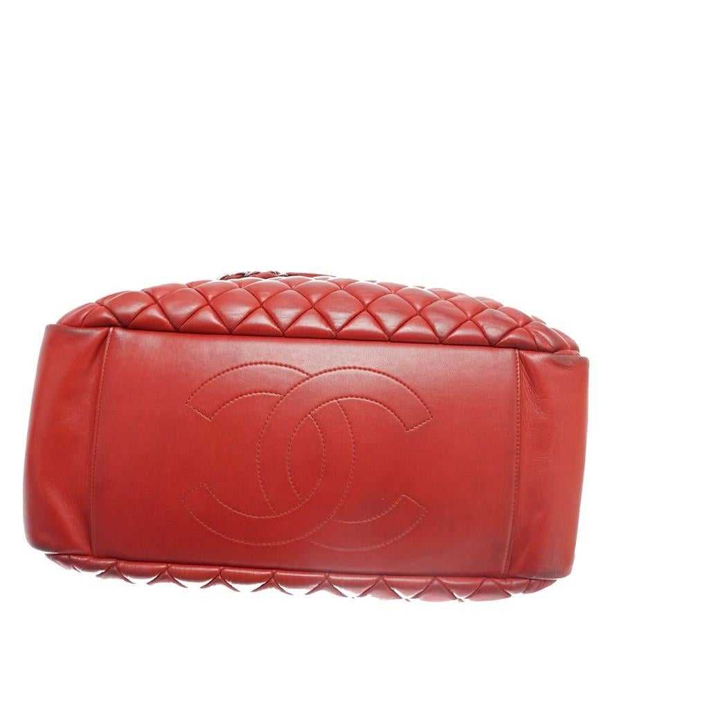 Chanel Red Quilted Lambskin Leather Mademoiselle Bowling Bag In Good Condition In Irvine, CA