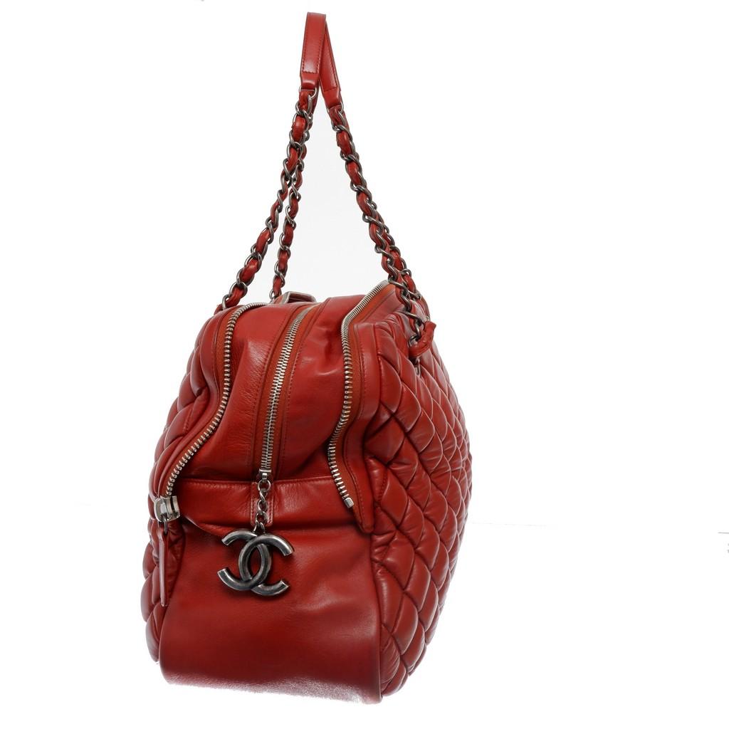 Chanel Red Quilted Lambskin Leather Mademoiselle Bowling Bag 4