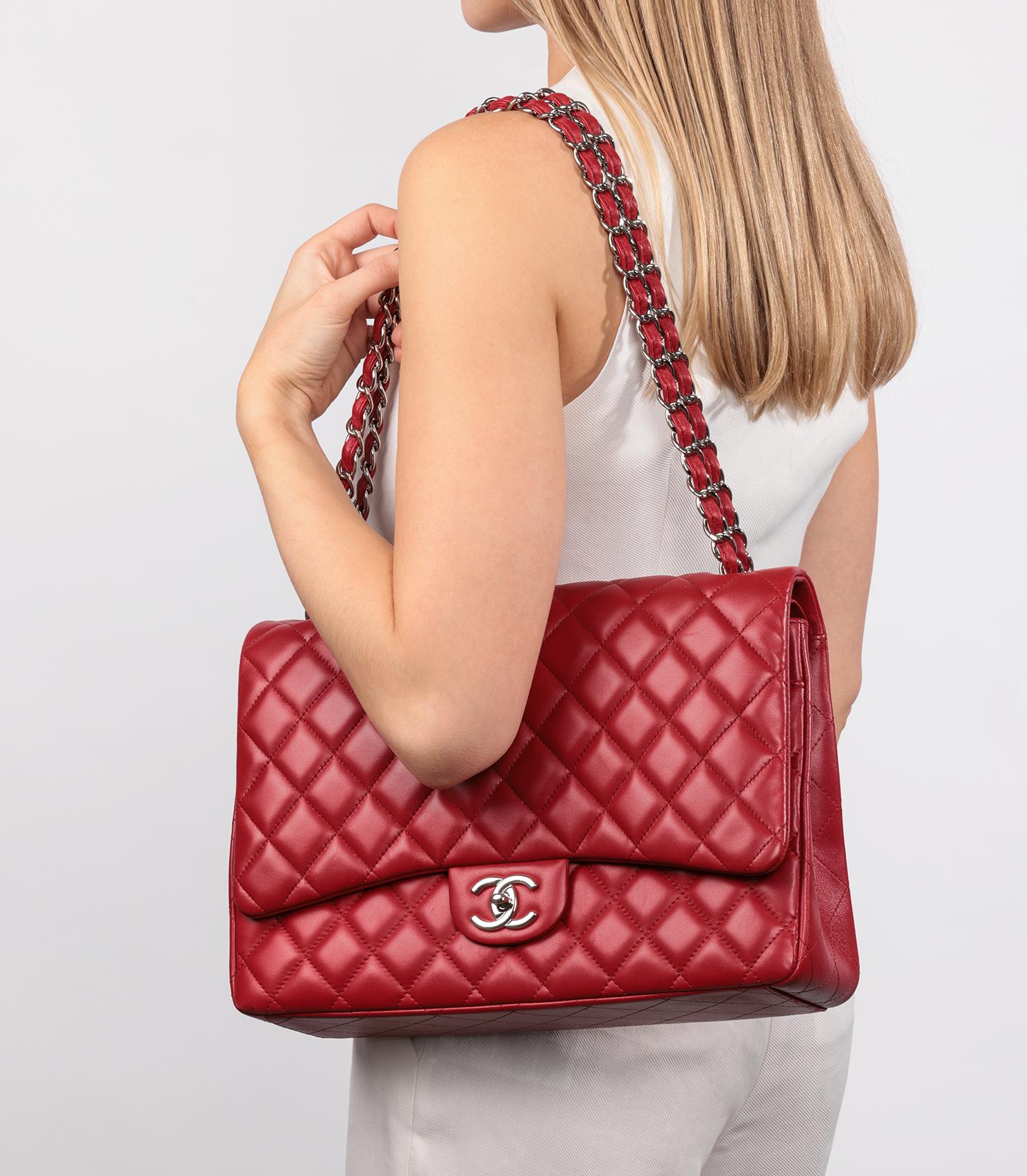 CHANEL Red Quilted Lambskin Leather Maxi Classic Double Flap Bag 10