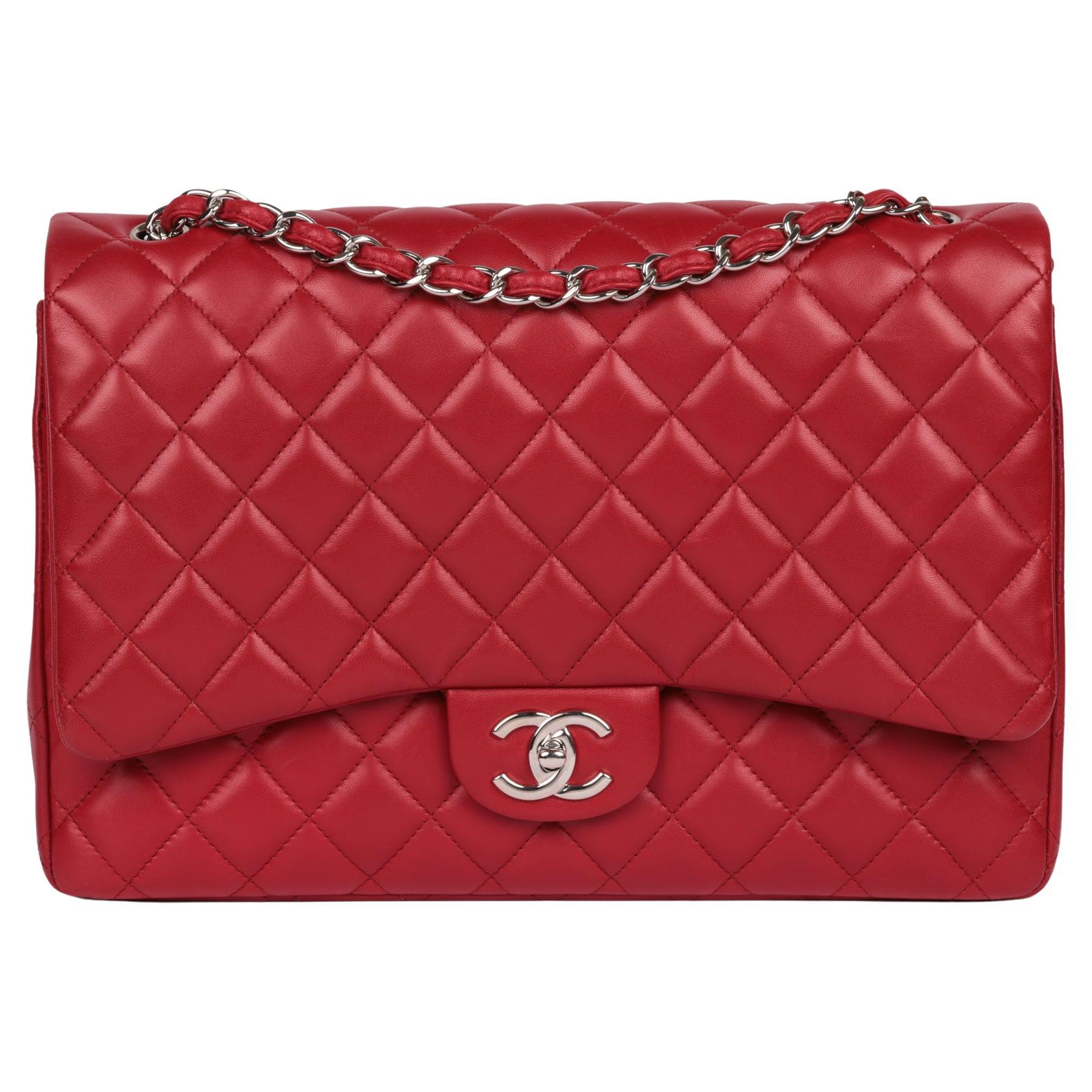 CHANEL Red Quilted Lambskin Leather Maxi Classic Double Flap Bag