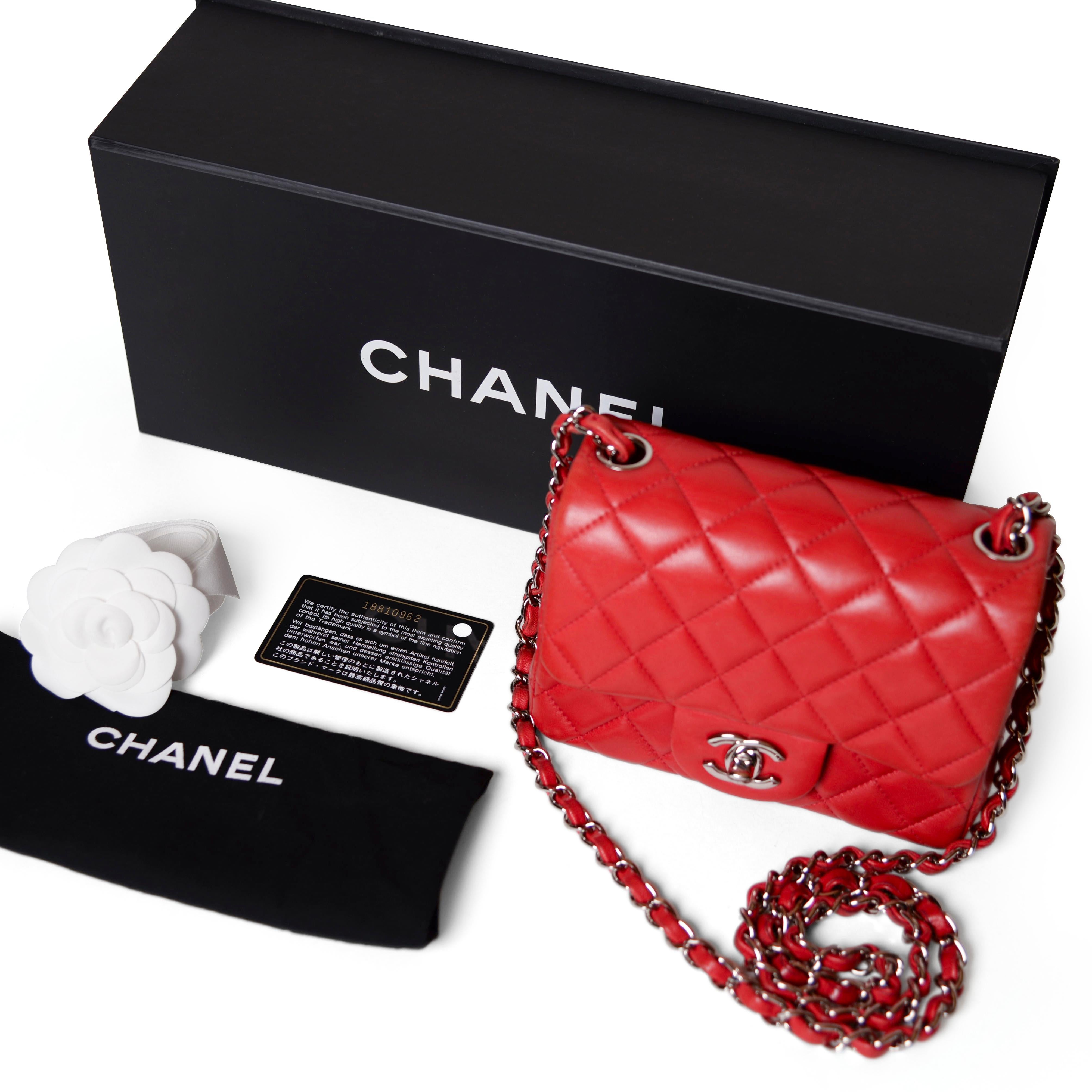 Chanel Red Quilted Lambskin Leather Mini Flap Bag 5