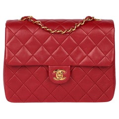 Vintage Chanel Red Quilted Lambskin Leather Square Mini Flap Bag