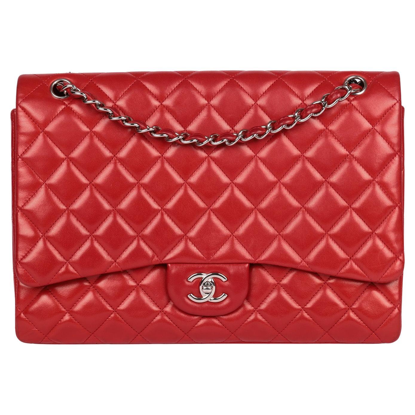 Chanel Red Quilted Lambskin Maxi Classic Single Flap Bag For Sale