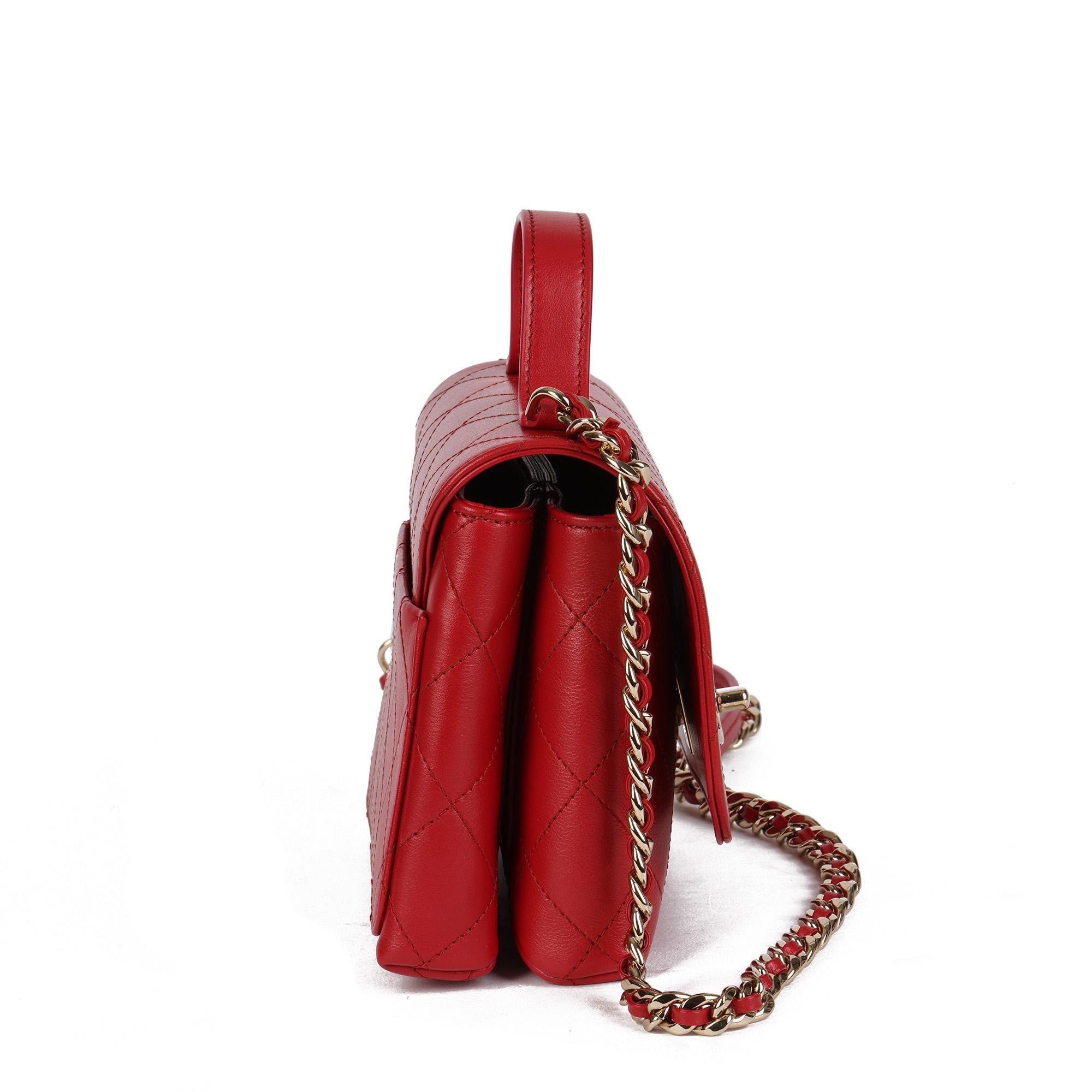 CHANEL Red Quilted Lambskin Mini Classic Top Handle Flap Bag In Excellent Condition In Bishop's Stortford, Hertfordshire