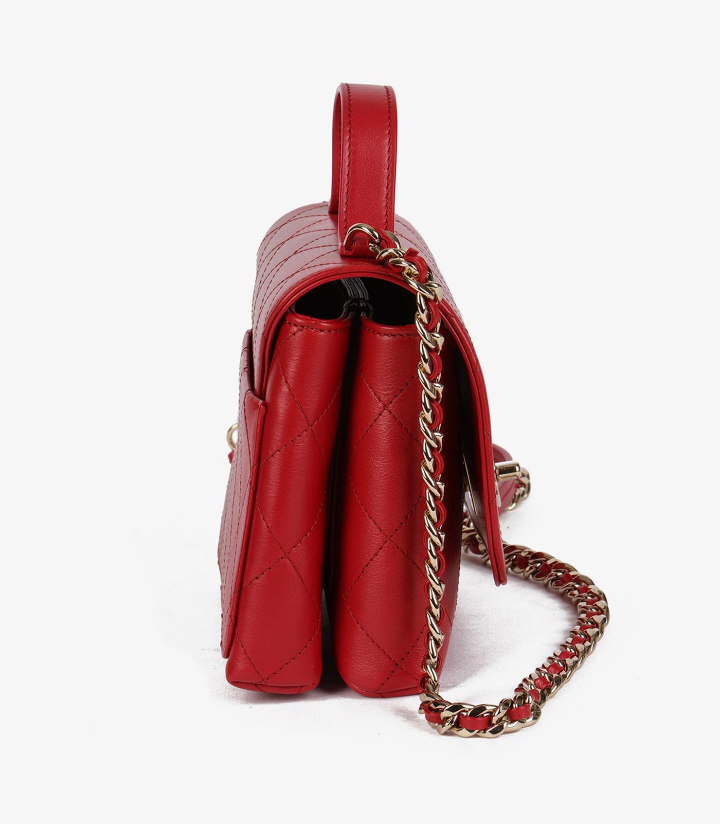 Women's or Men's Chanel Red Quilted Lambskin Small Double Pocket Top Handle Flap Bag For Sale