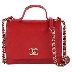 Chanel Red Quilted Lambskin Small Double Pocket Top Handle Flap Bag