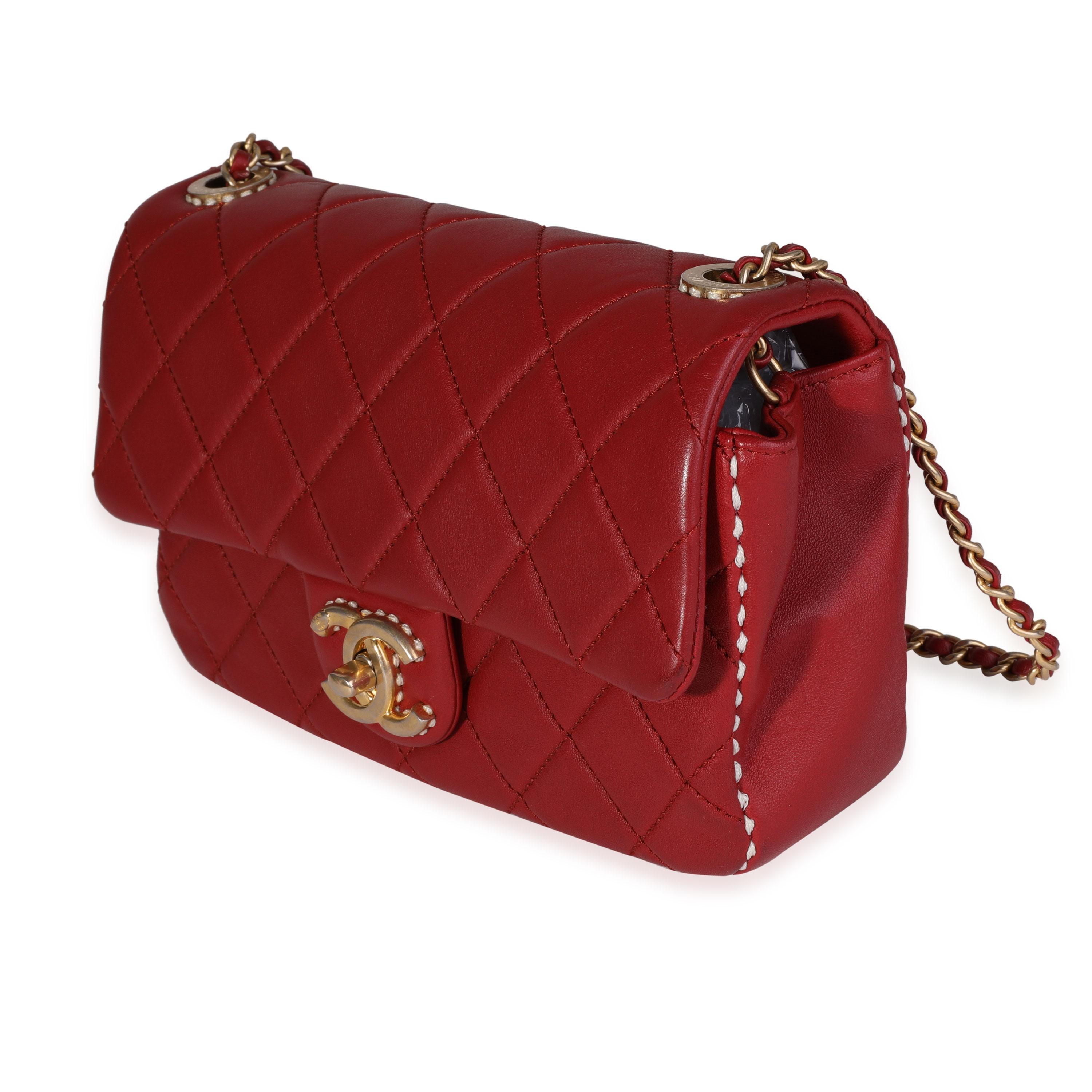 Chanel Red Quilted Lambskin Small Stitched Single Flap Bag In Excellent Condition In New York, NY