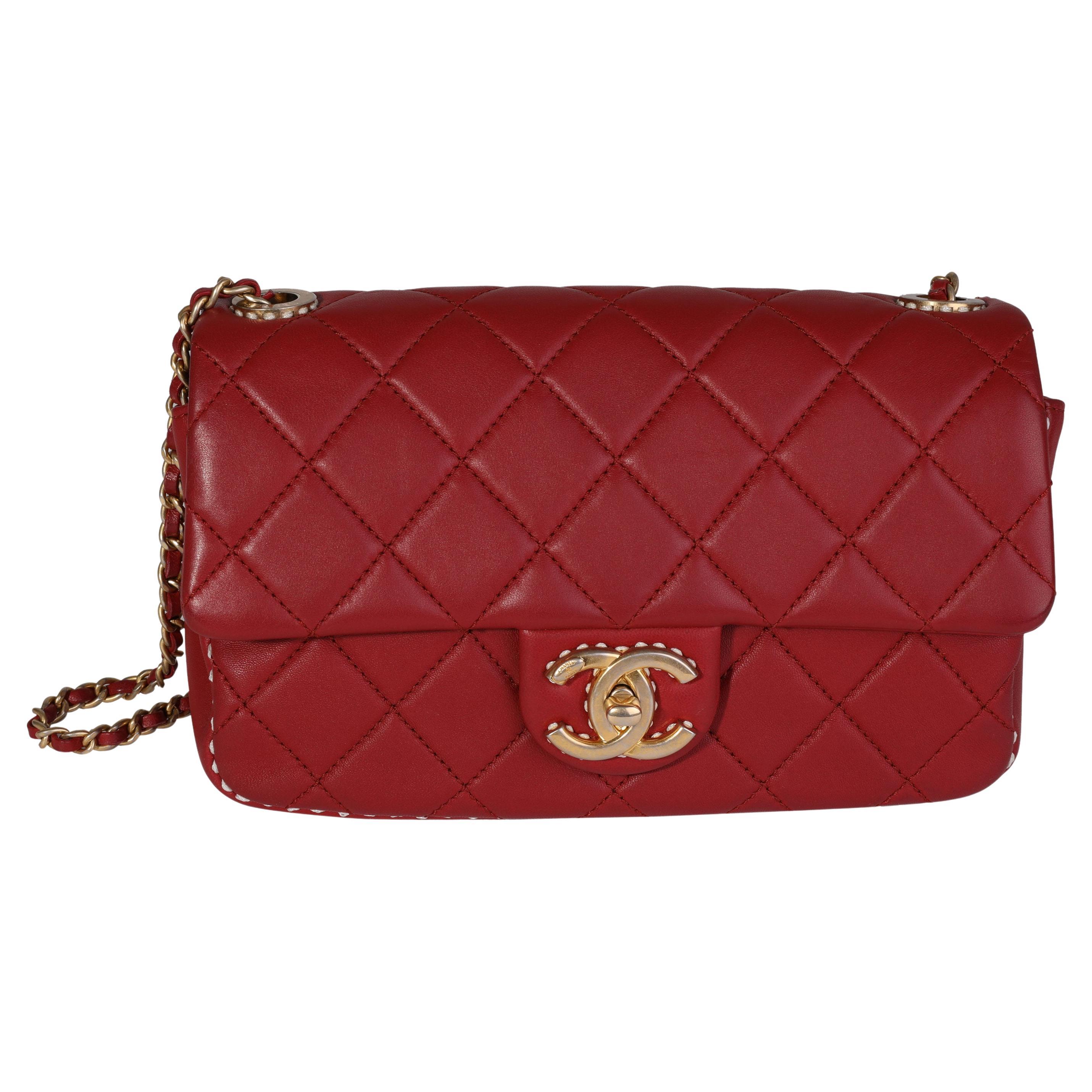 Chanel Red Quilted Lambskin Small Stitched Single Flap Bag