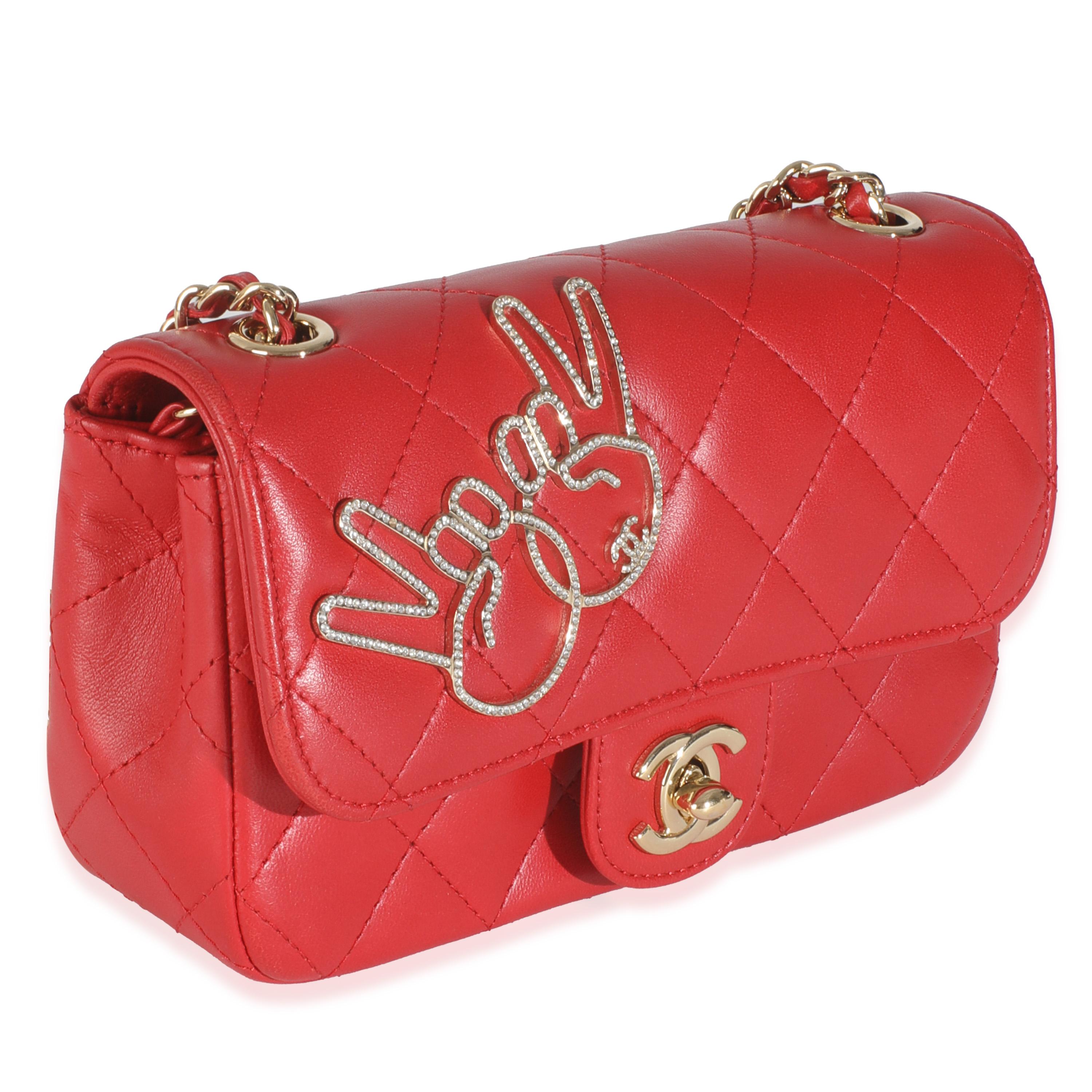 Chanel Red Quilted Lambskin V For Victory Mini Flap Bag In Excellent Condition For Sale In New York, NY