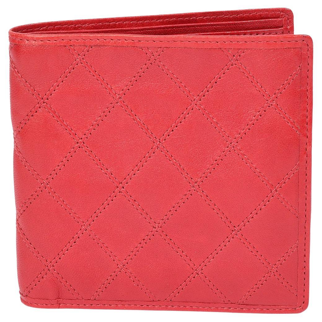 Chanel Red Quilted Lambskin Vintage Bi Fold Wallet  For Sale