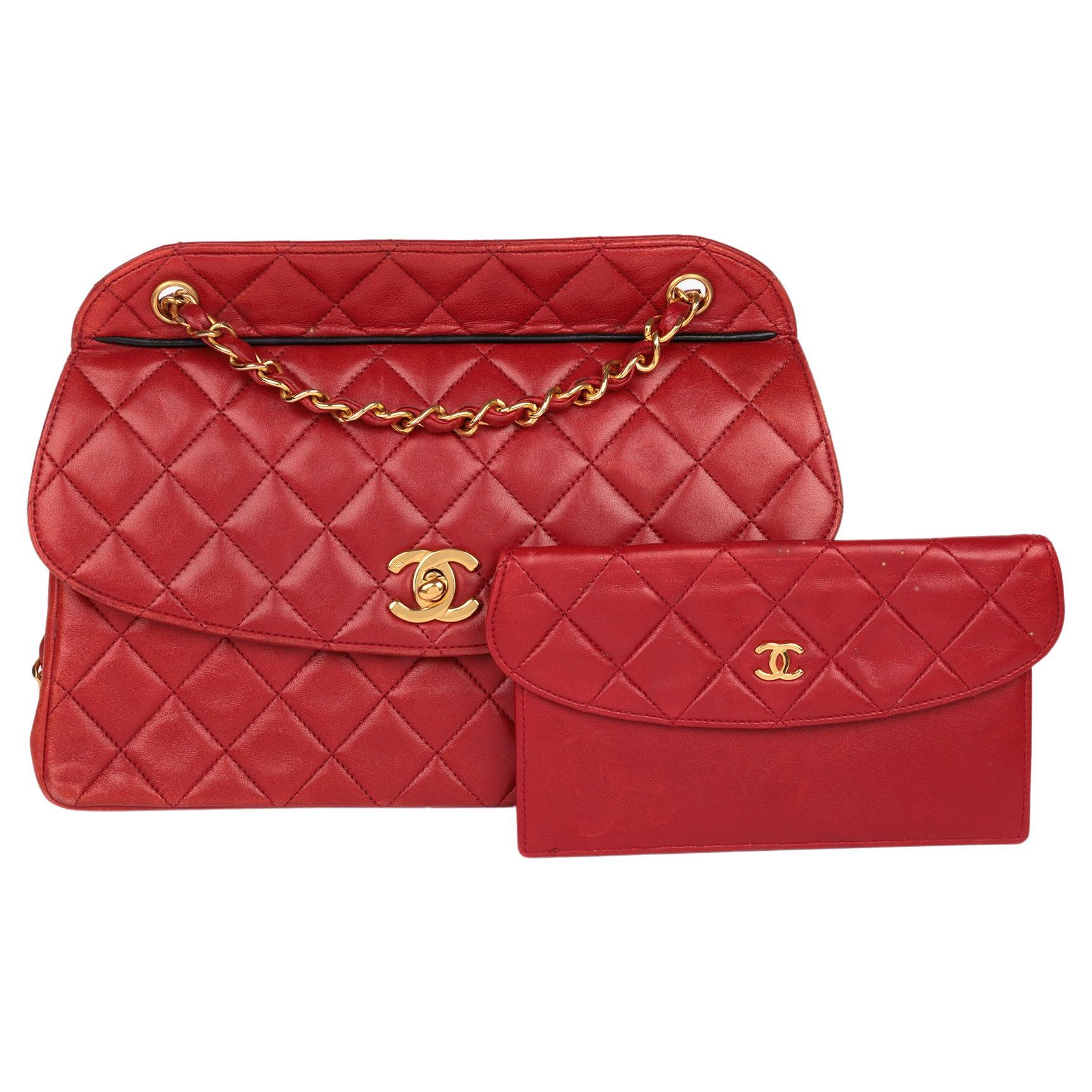 Chanel Red Quilted Lambskin Vintage Medium Classic Single Flap Bag With Pouch For Sale