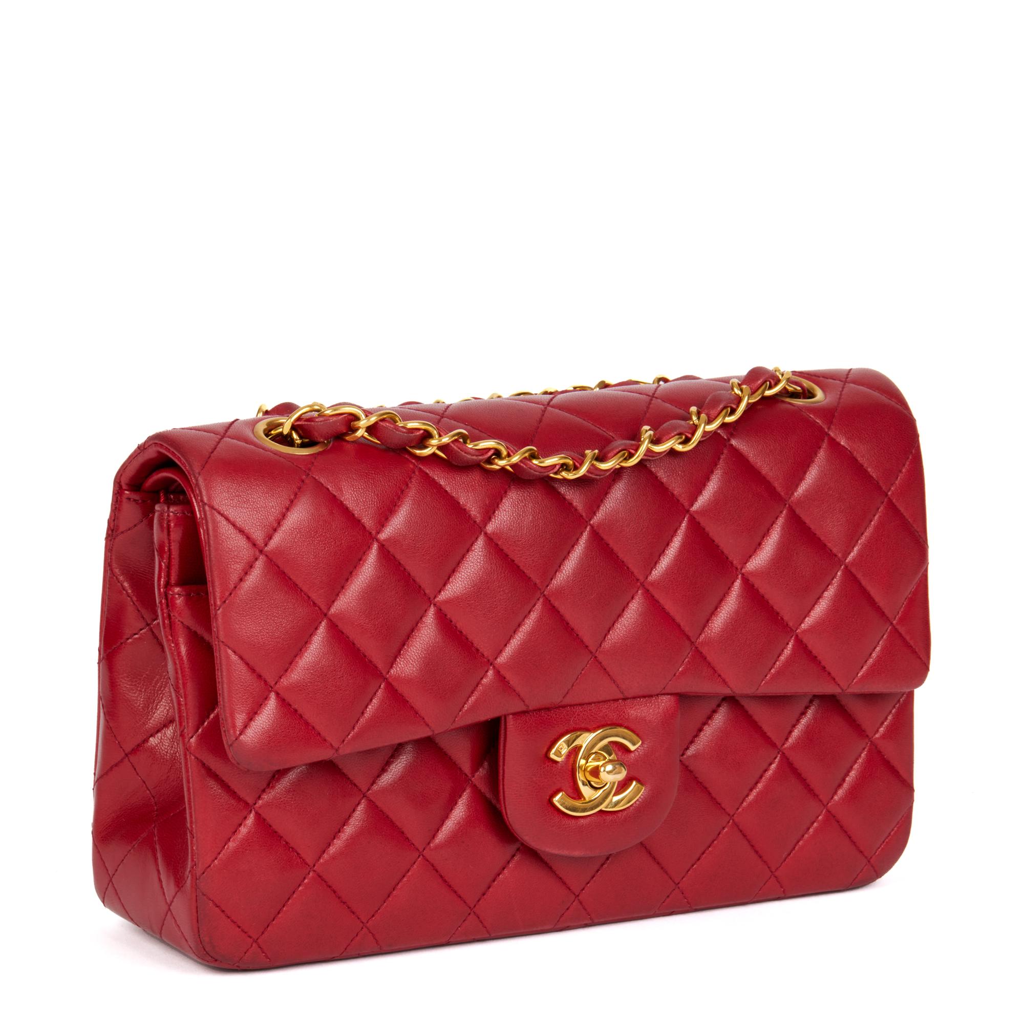 CHANEL
Red Quilted Lambskin Vintage Small Classic Double Flap Bag

Serial Number: 3560533
Age (Circa): 1996
Accompanied By: Chanel Box
Authenticity Details: Serial Sticker (Made in France)
Gender: Ladies
Type: Shoulder

Colour: Red
Hardware: Gold