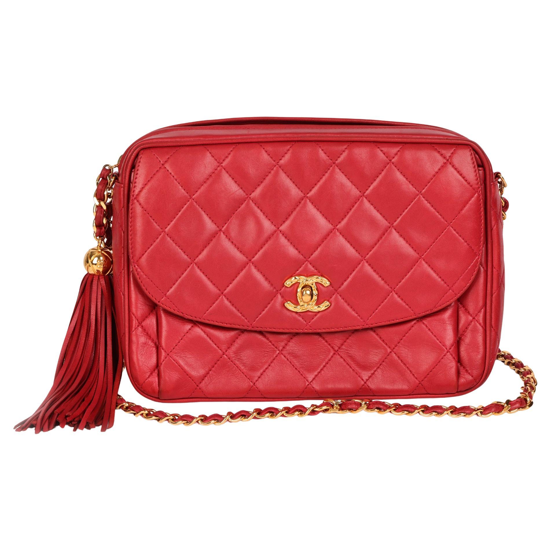CHANEL Red Quilted Lambskin Vintage Small Classic Fringe
