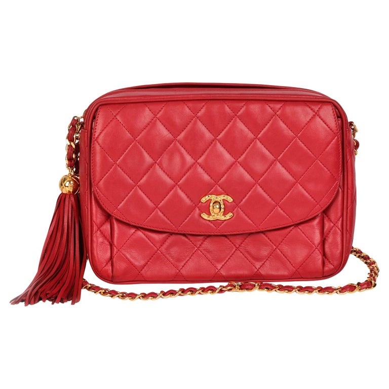 Vintage CHANEL CC Logo Matelasse Quilted Red Leather Chain CROSSBODY Camera Bag  Clutch Purse Bag with fringe tassel