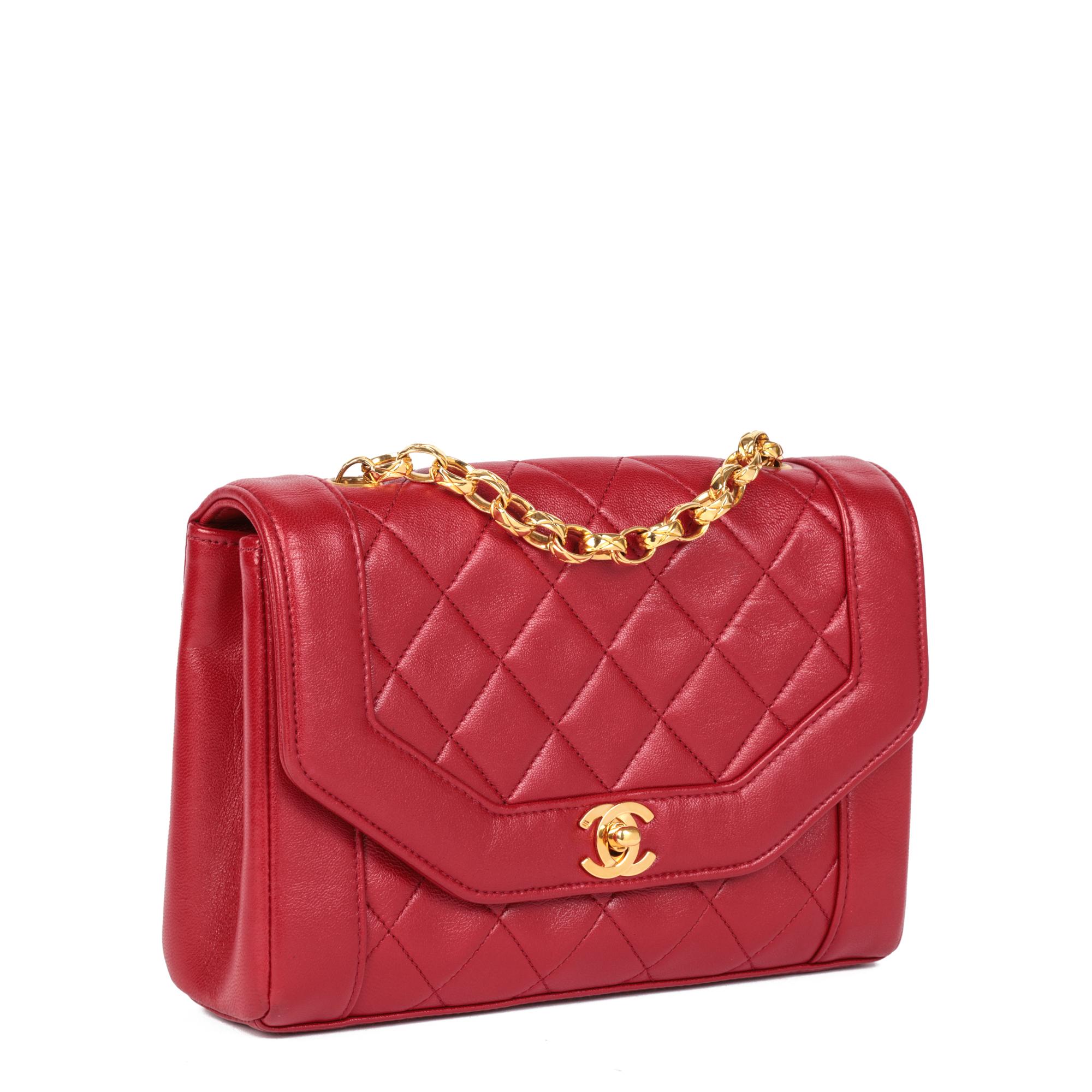 CHANEL
Red Quilted Lambskin Vintage Small Diana Classic Single Flap Bag

Serial Number: 1832017
Age (Circa): 1991
Accompanied By: Chanel Dust Bag
Authenticity Details: Serial Sticker (Made in France)
Gender: Ladies
Type: Shoulder, Crossbody

Colour: