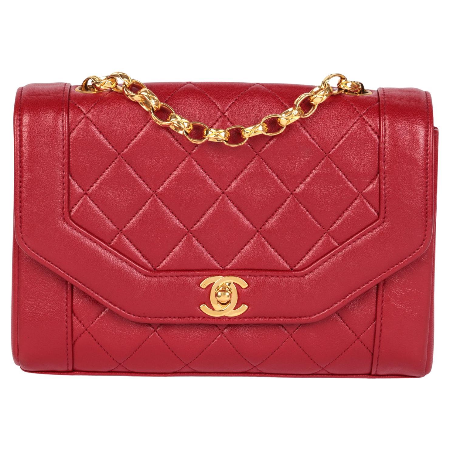 CHANEL Red Quilted Lambskin Vintage Small Diana Classic Single Flap Bag