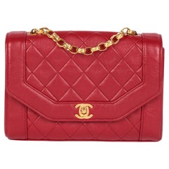 CHANEL Red Quilted Lambskin Retro Small Diana Classic Single Flap Bag