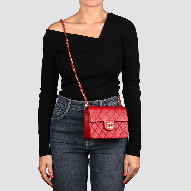 CHANEL Red Quilted Lambskin Vintage Square Mini Flap Bag For Sale 9