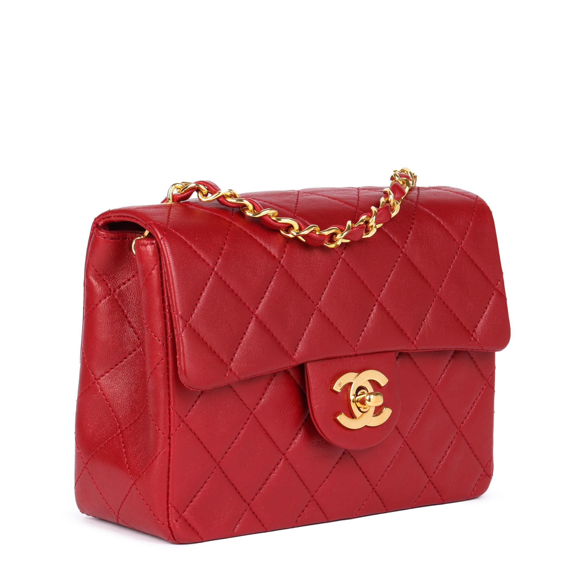 CHANEL
Red Quilted Lambskin Vintage Square Mini Flap Bag

Xupes Reference: HB4880
Serial Number: 1044361
Age (Circa): 1989
Accompanied By: Chanel Dust Bag, Authenticity Card (numbers have lost colour but can still be read)
Authenticity Details: