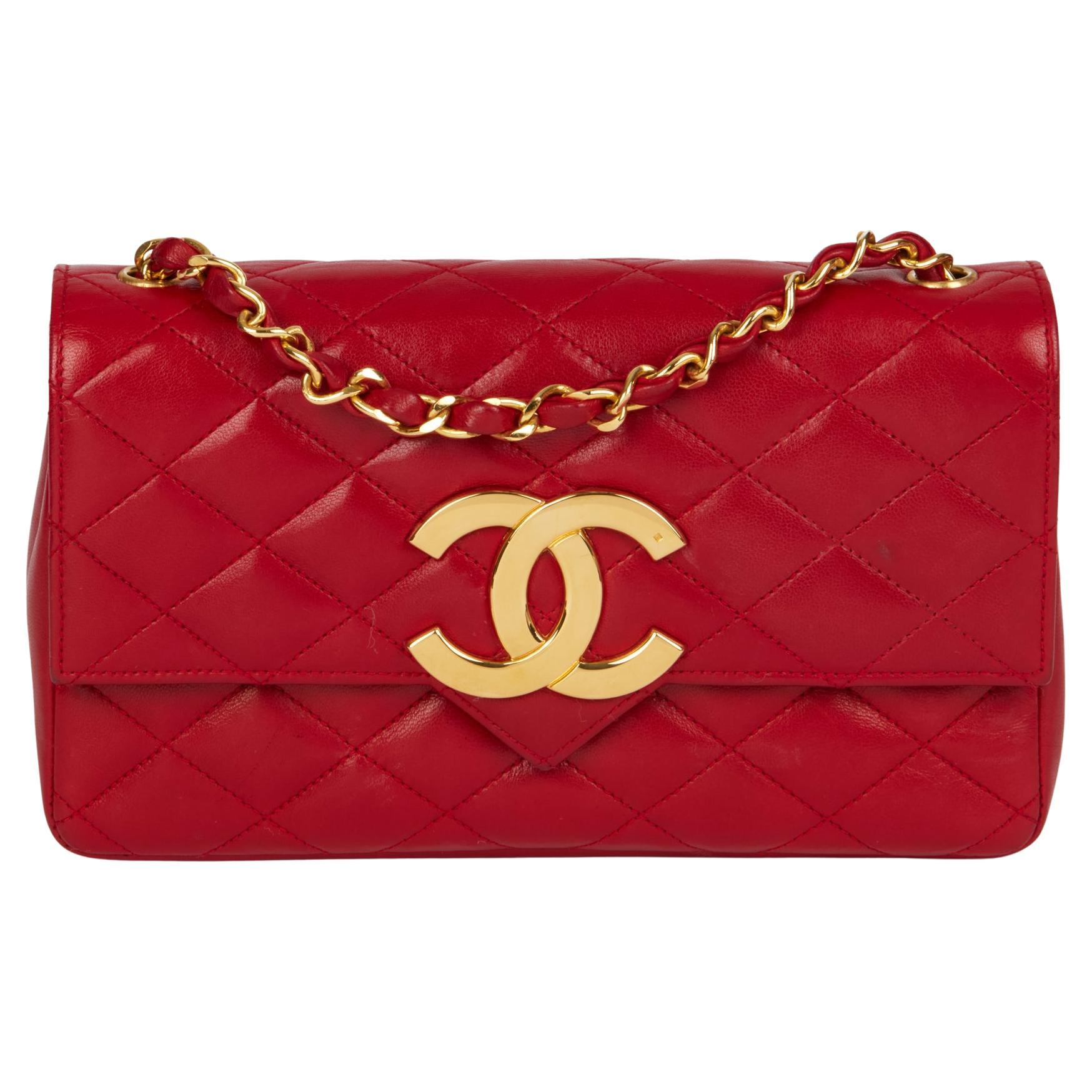New Chanel Square Flap Beige Quilted Leather Red Patent Chain Shoulder Bag