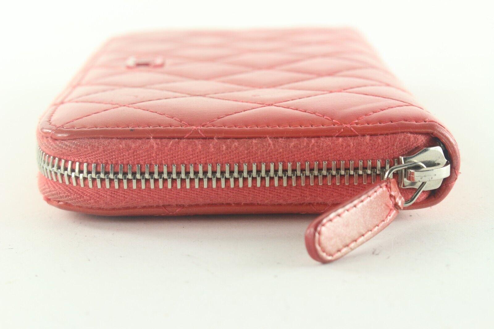 CHANEL Red Quilted Lambskin Zip Around Long Wallet 3CK82K In Fair Condition For Sale In Dix hills, NY