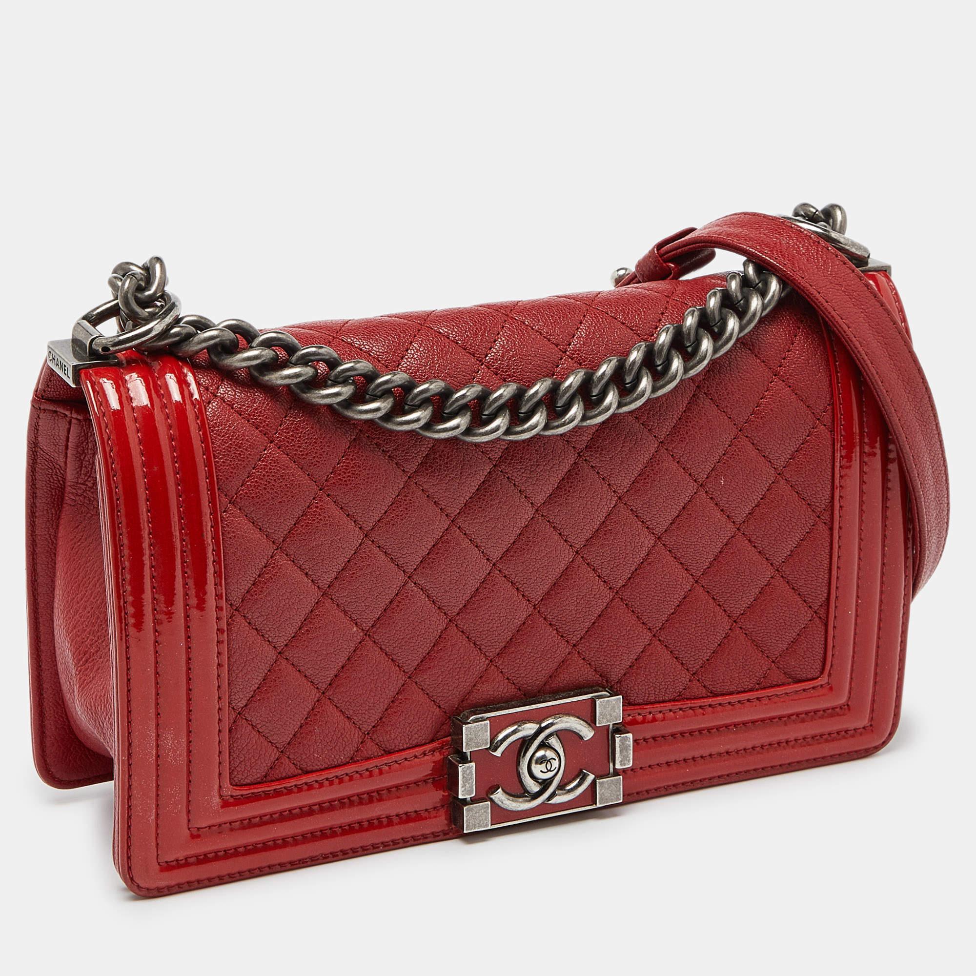Brown Chanel Red Quilted Leather and Patent Leather Medium Boy Flap Bag