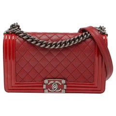 Chanel Red Quilted Leather and Patent Leather Medium Boy Flap Bag