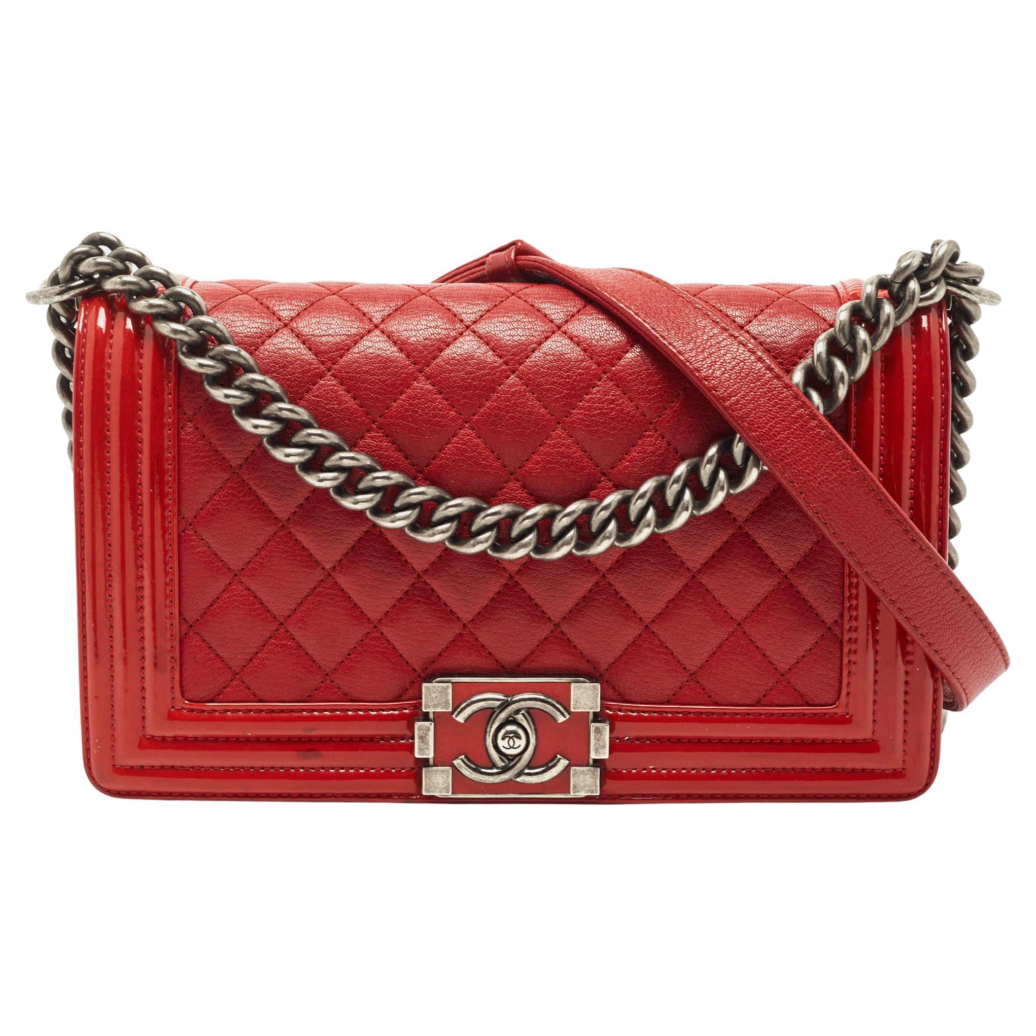 Chanel Red Quilted Leather and Patent Medium Boy Flap Bag For Sale