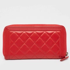 Chanel Red Quilted Leather Boy Zip Around Wallet