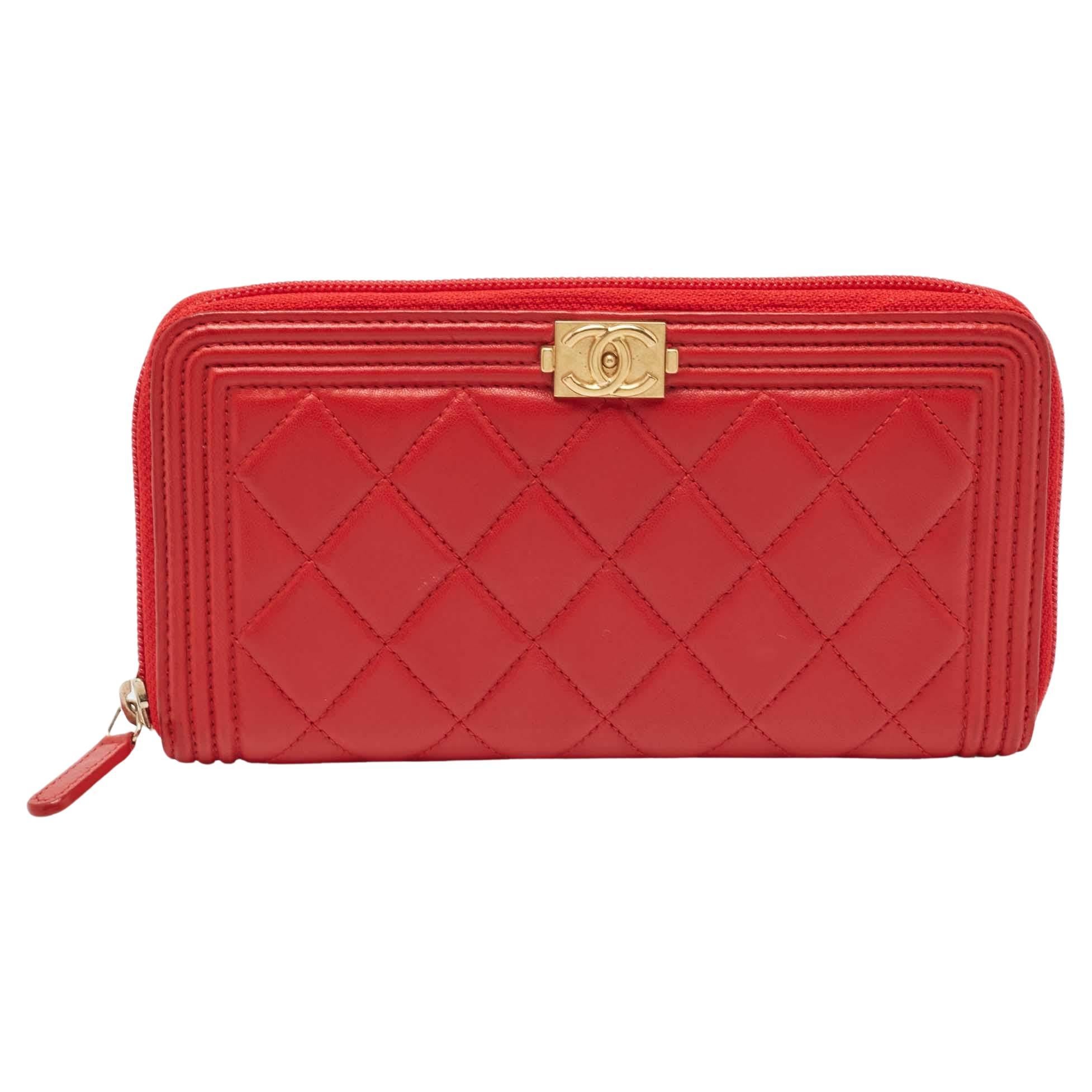 Chanel Red Quilted Leather Boy Zip Around Wallet For Sale