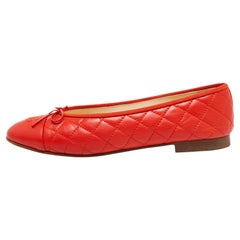 Chanel Red Quilted Leather CC Bow Cap Toe Ballet Flats Size 42