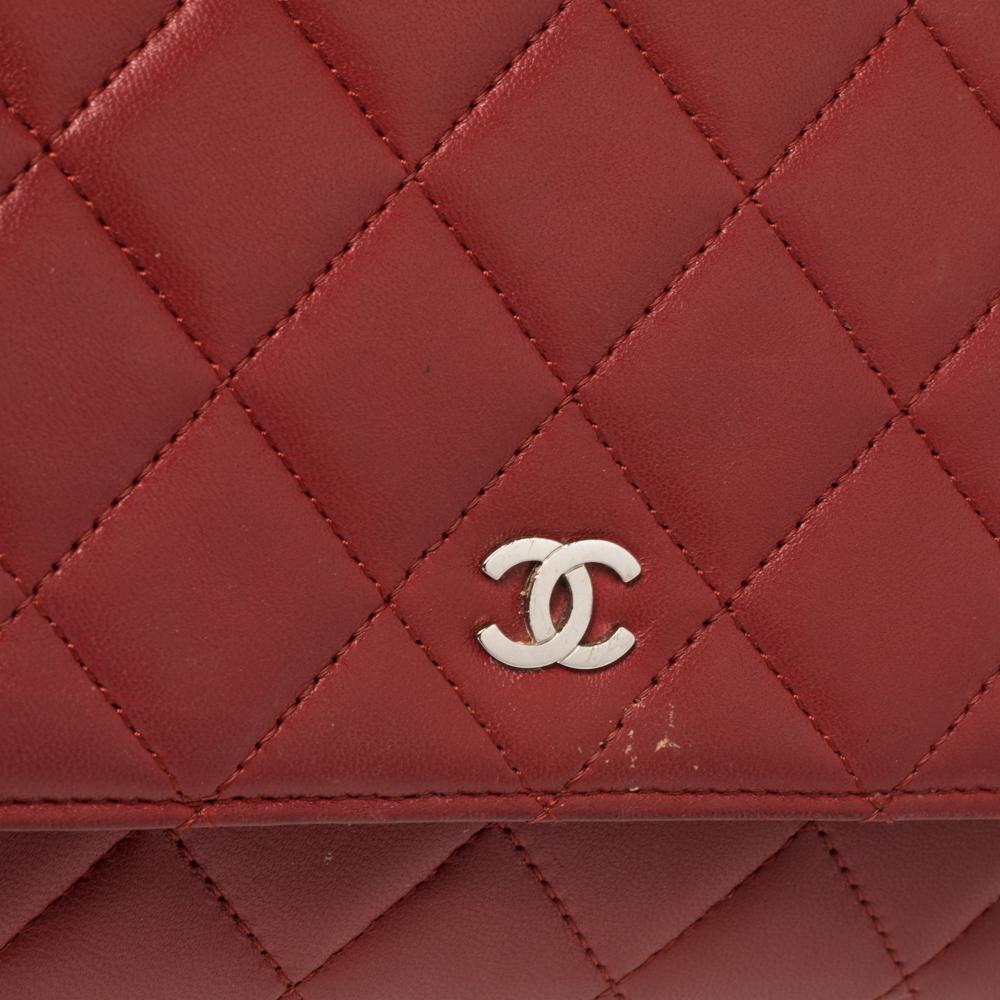 Women's Chanel Red Quilted Leather CC Classic Flap Wallet on Chain
