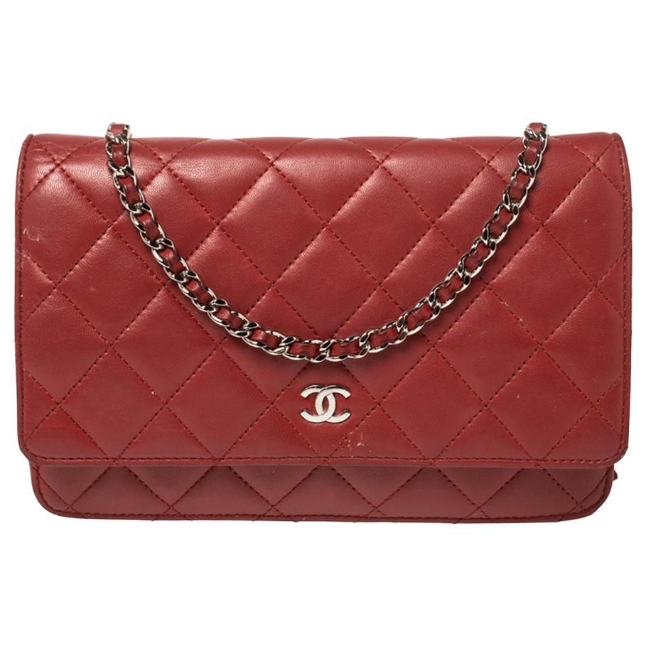 Chanel Red Quilted Leather CC Classic Flap Wallet on Chain
