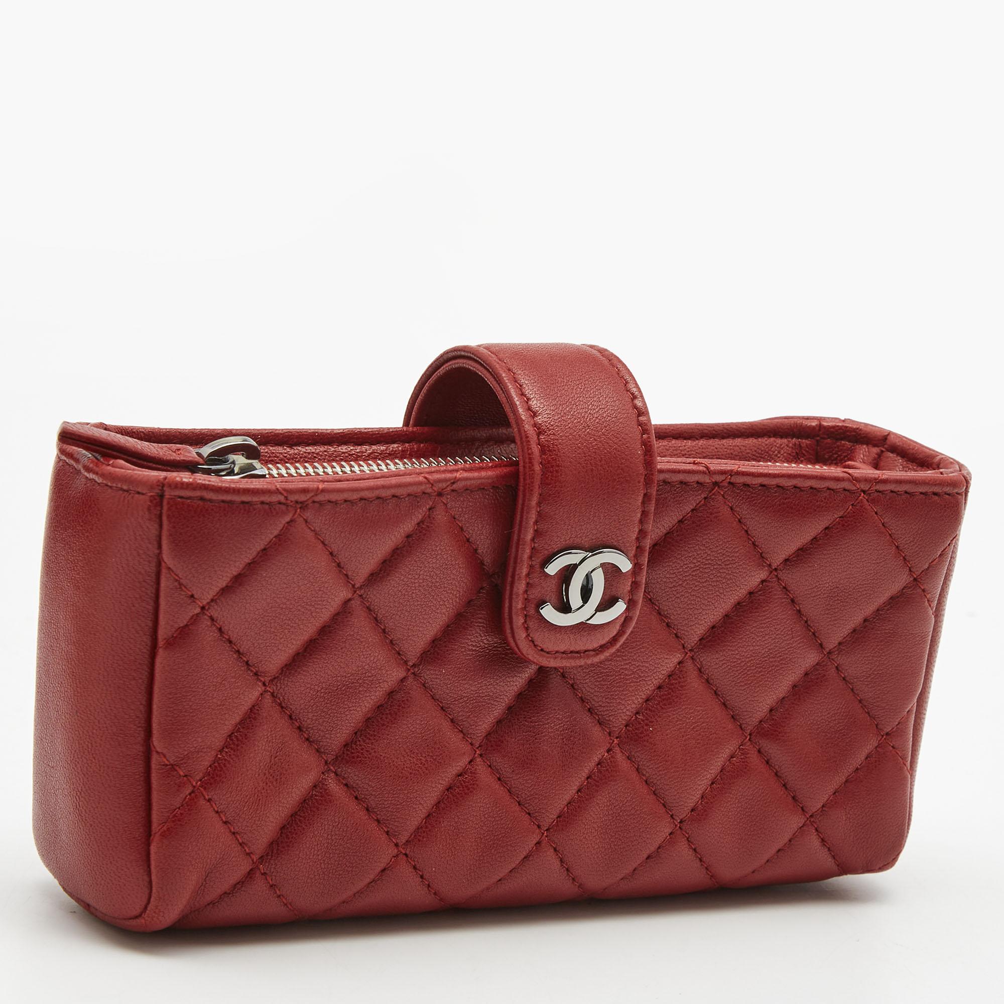 Brown Chanel Red Quilted Leather CC Phone Holder Pouch