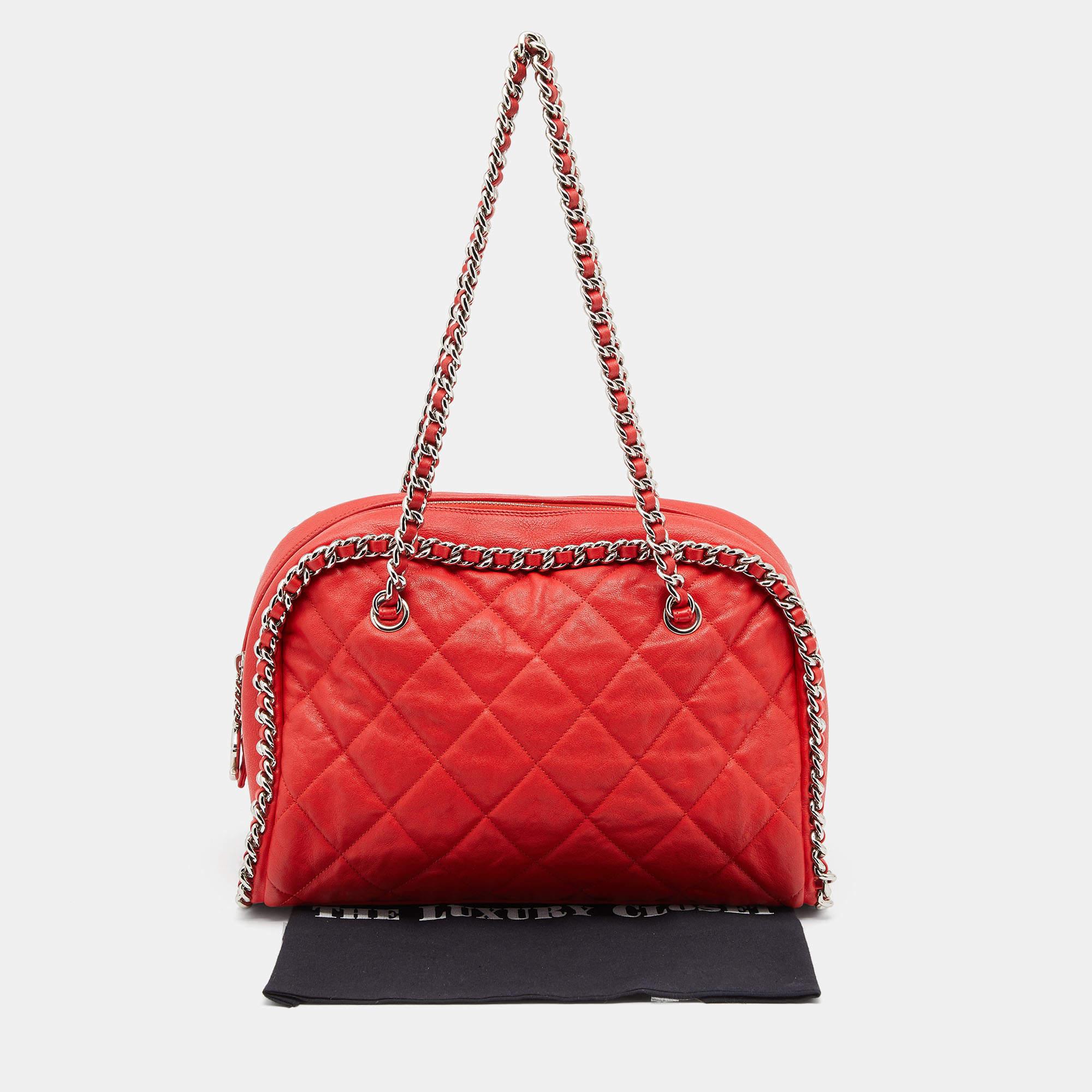 Chanel Red Quilted Leather Chain Around Bowler Bag 6