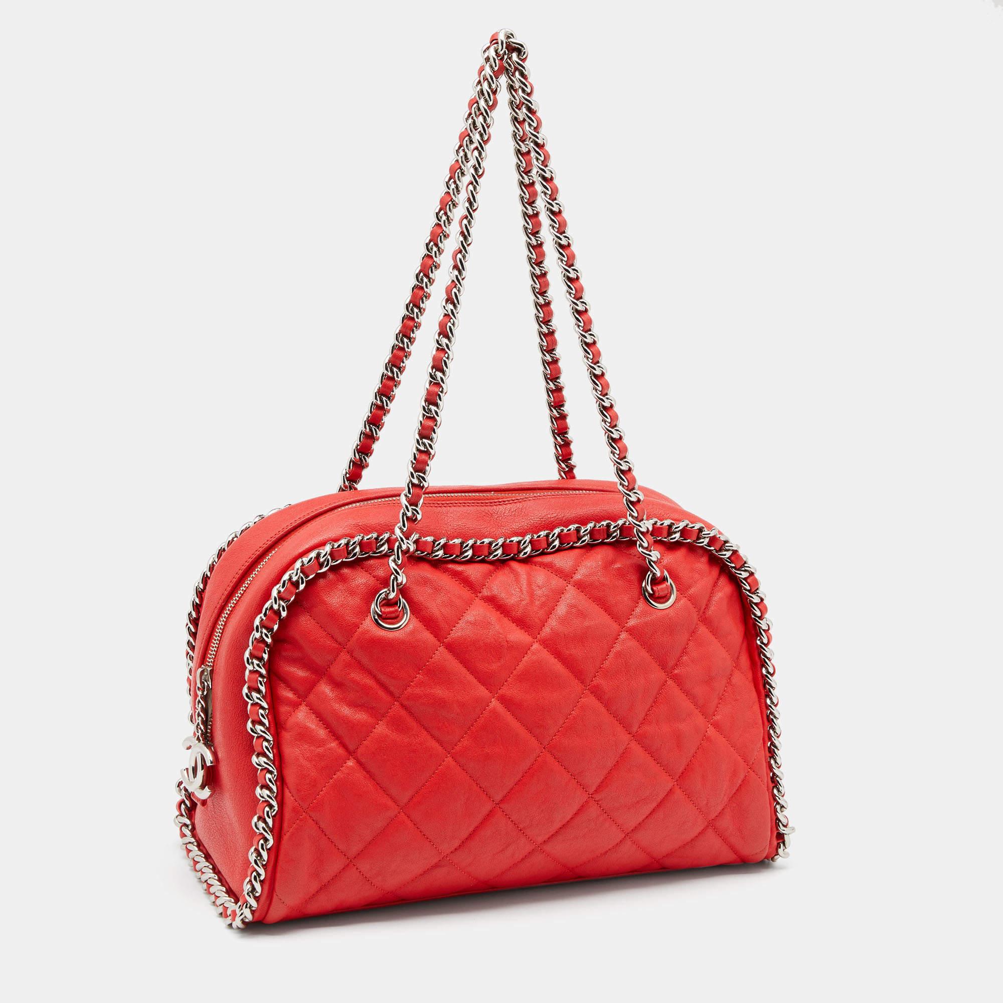 Chanel Red Quilted Leather Chain Around Bowler Bag 7