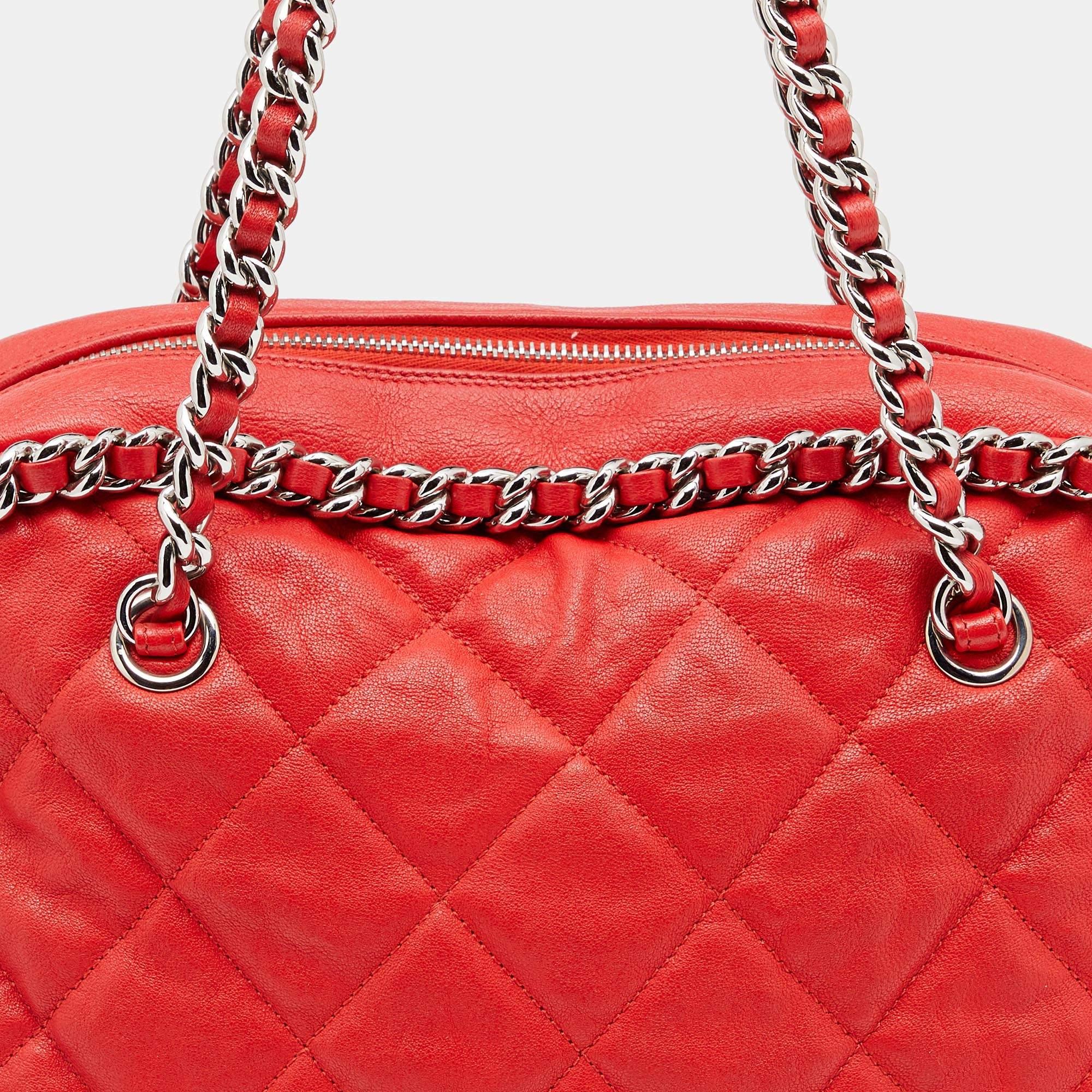 Chanel Red Quilted Leather Chain Around Bowler Bag In Good Condition In Dubai, Al Qouz 2