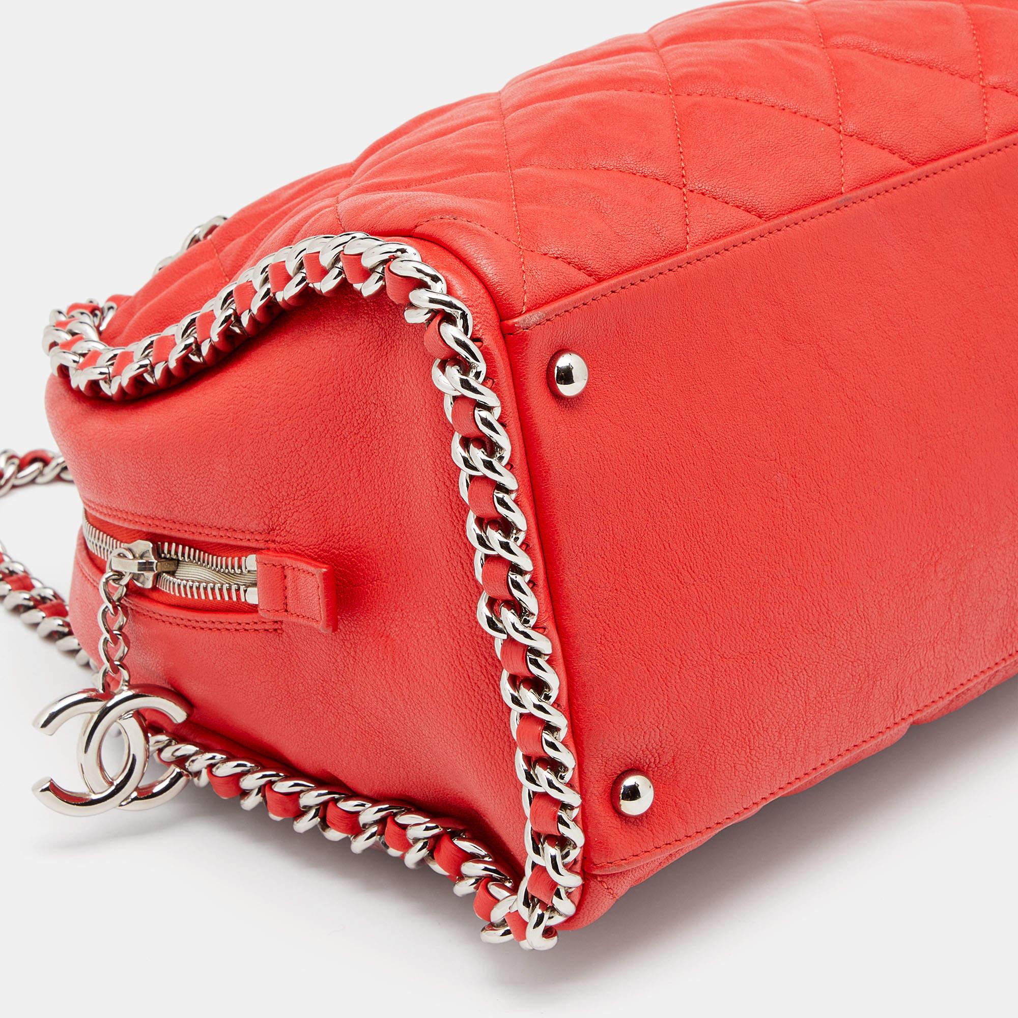 Women's Chanel Red Quilted Leather Chain Around Bowler Bag