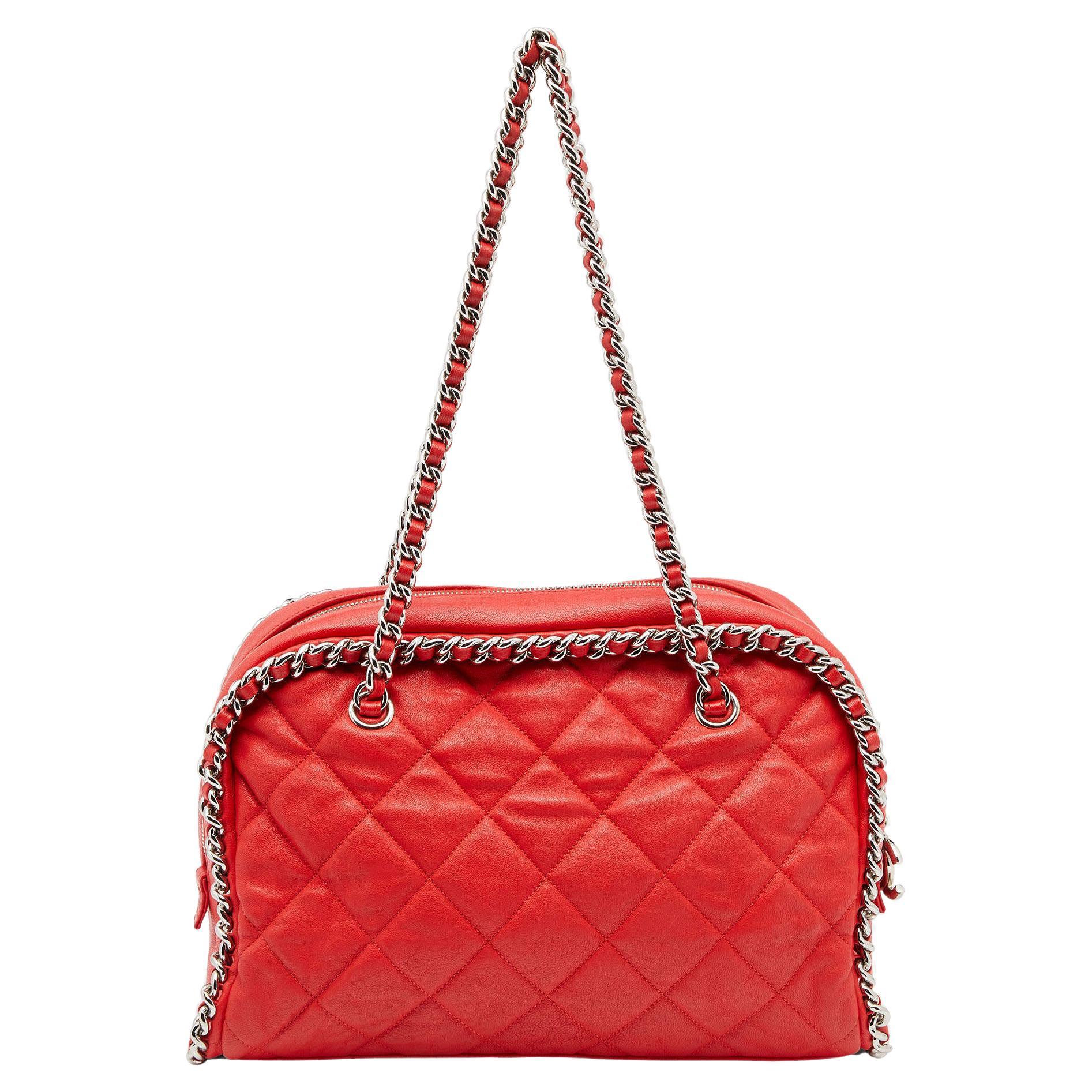 Chanel Red Quilted Leather Chain Around Bowler Bag