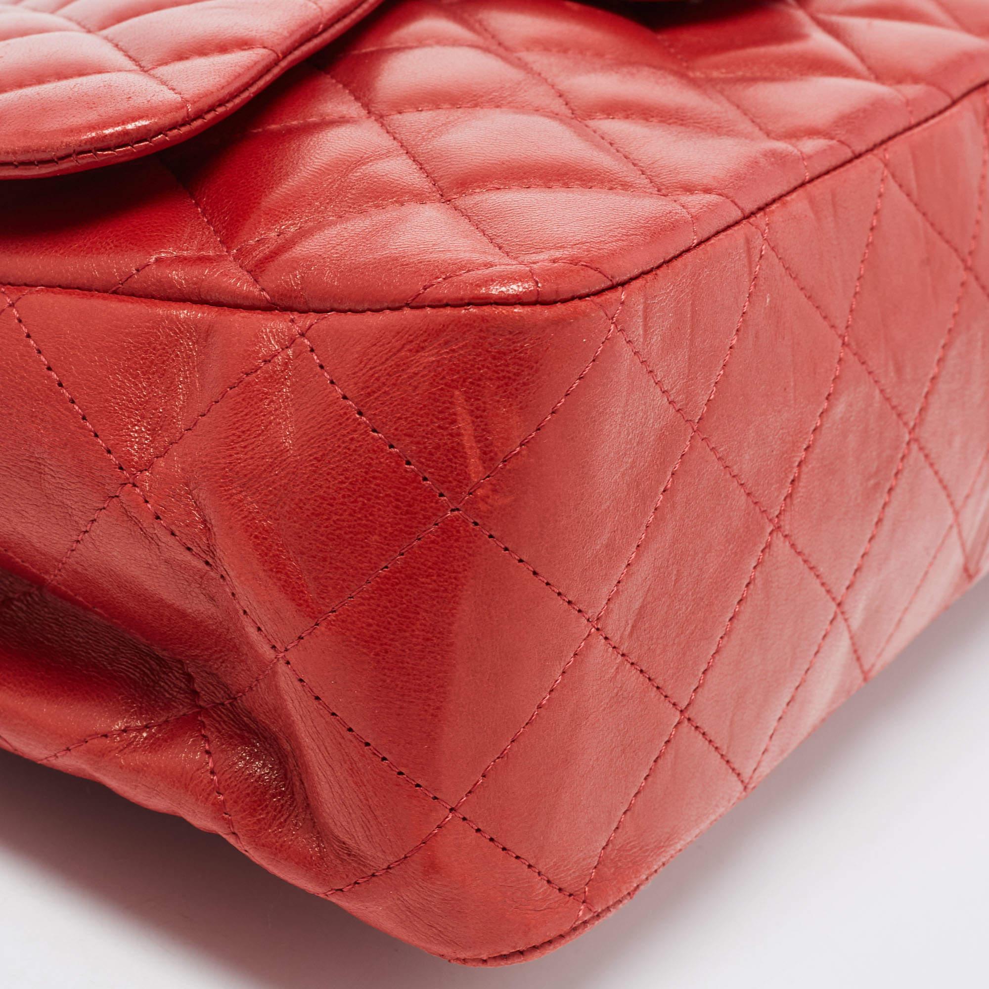 Chanel Red Quilted Leather Jumbo Classic Double Flap Bag For Sale 8