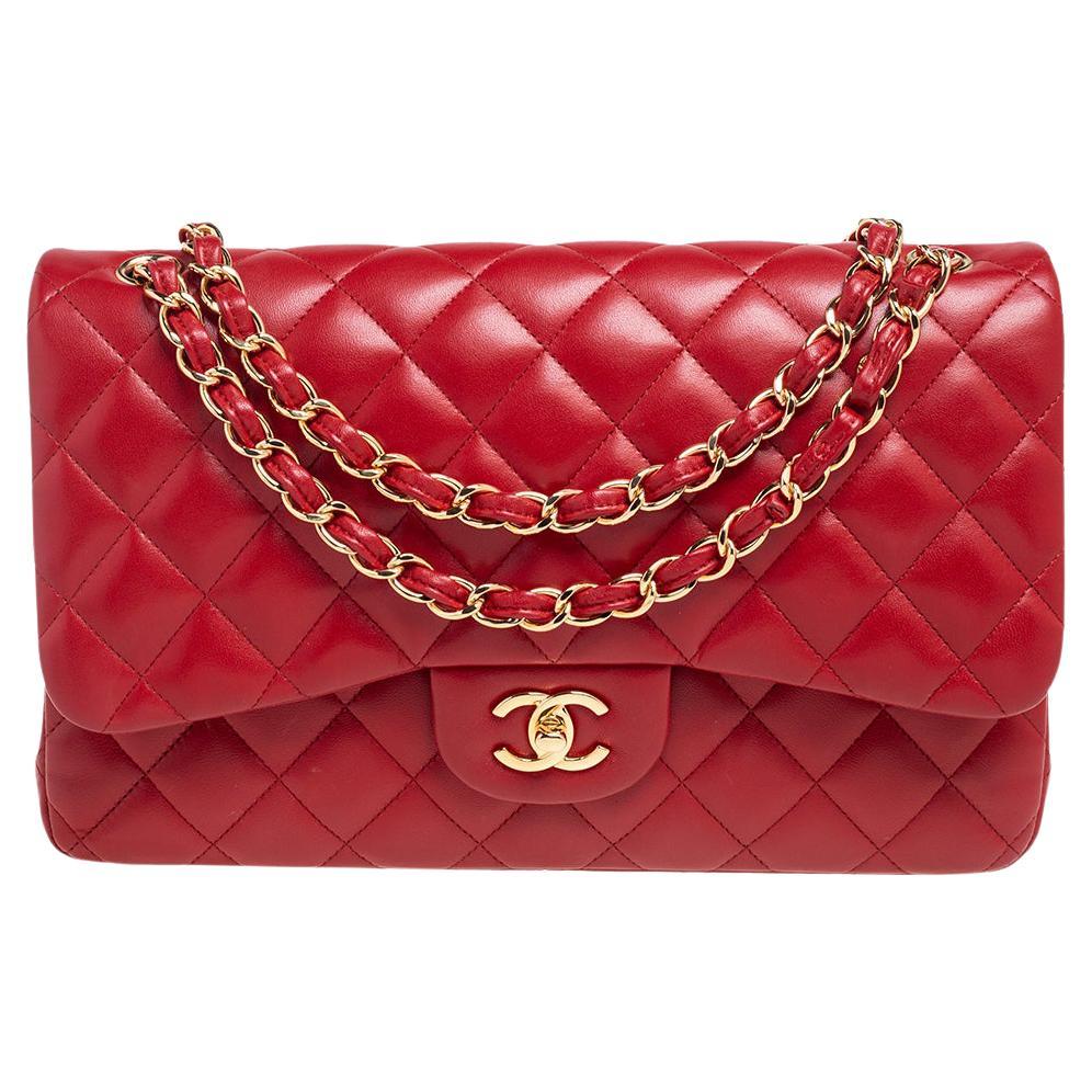 Chanel Red Quilted Leather Jumbo Classic Double Flap Bag